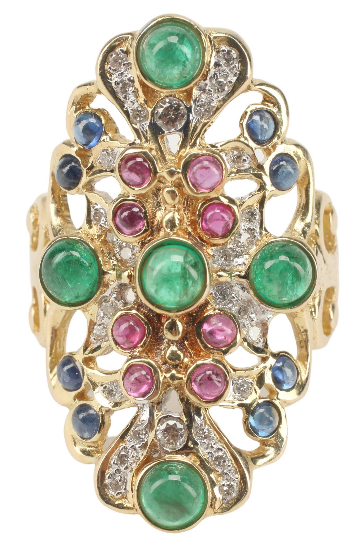 ESTATE 14KT EMERALD, RUBY, SAPPHIRE, DIAMOND RING (1 of 5)