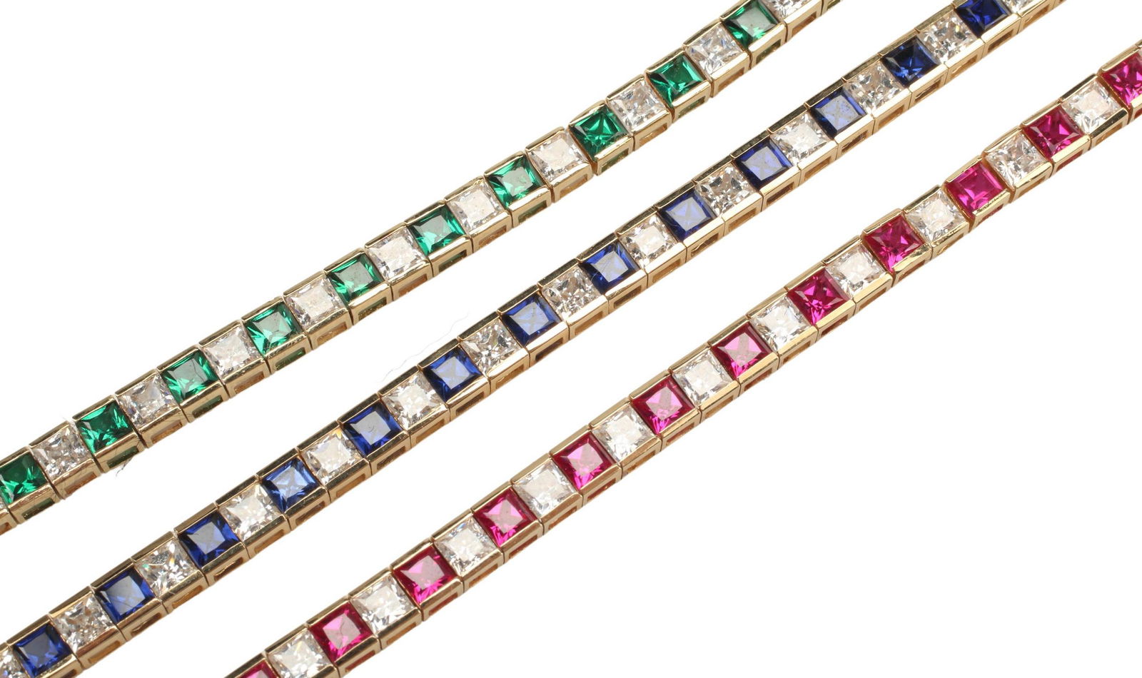 (3) ESTATE 14KT YG & COLORED INSET BRACELETS: (lot of 3) Estate 14kt yellow gold link bracelets, colored and colorless insets, clasps stamped 14kt, each: approx 7.75"l, 33 grams total (inclusive of all materials) **Provenance: From an important L