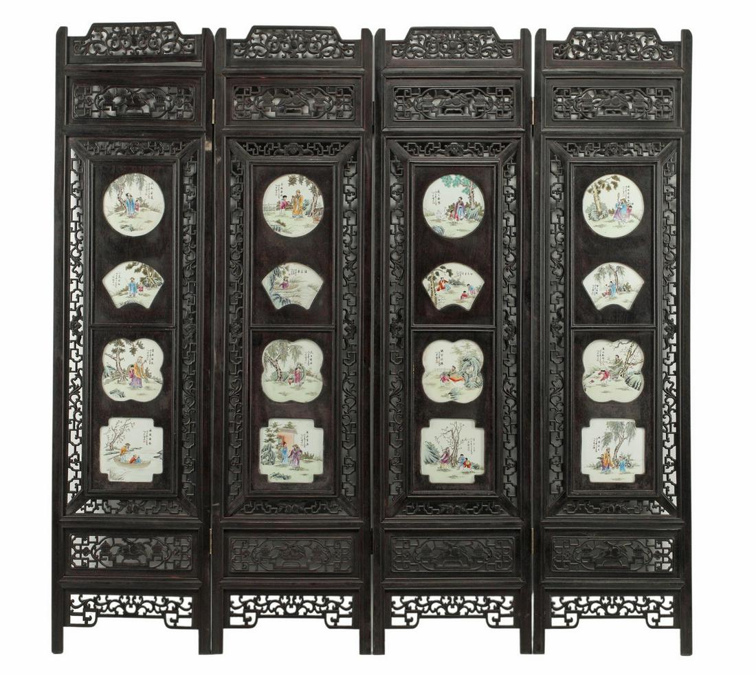 CHINESE WOOD & PORCELAIN FOUR-PANEL SCREEN (1 of 3)