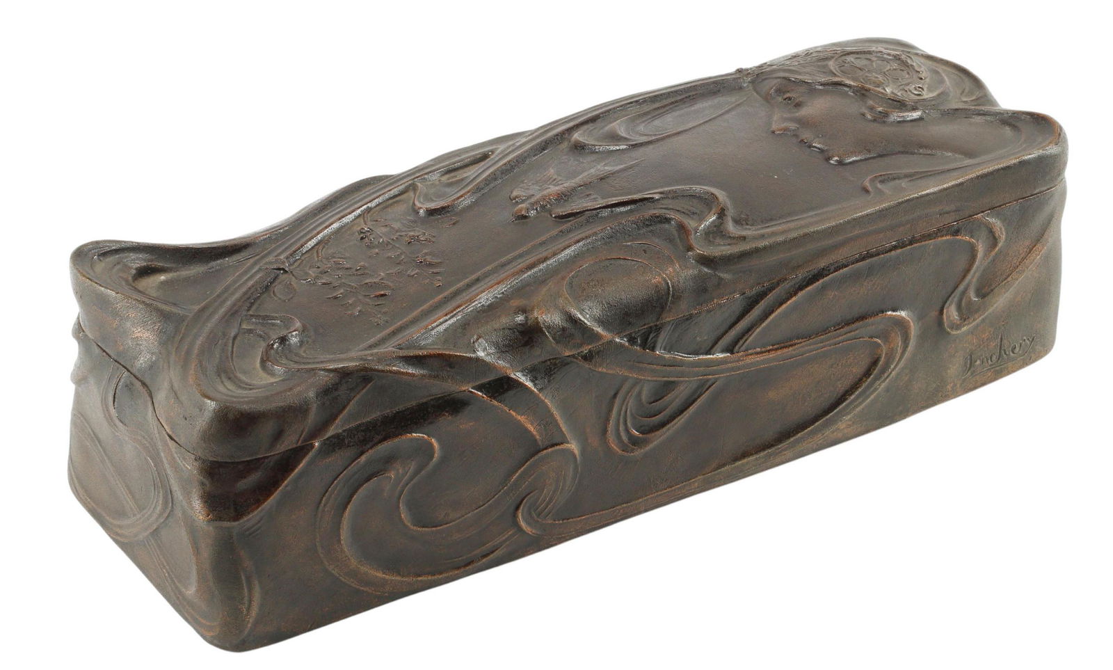 ART NOUVEAU JONCHERY PATINATED METAL GLOVE BOX: Art Nouveau patinated metal glove box, signed in cast Jonchery (Charles Emile Jonchery, French, 1873-1937), with female mask and whiplash motifs, approx 3.5"h, 13"w, 4"d, 6.25lbs Start Price: $300.00