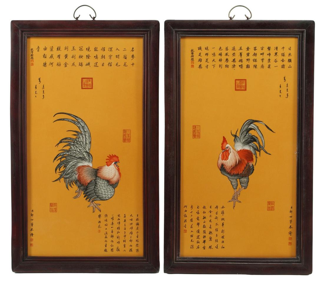 (2) FRAMED CHINESE PORCELAIN PLAQUES ROOSTERS (1 of 3)