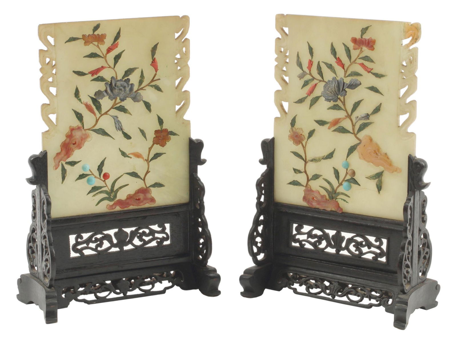 (2) CHINESE INLAID HARDSTONE TABLE SCREENS ON BASE (1 of 4)