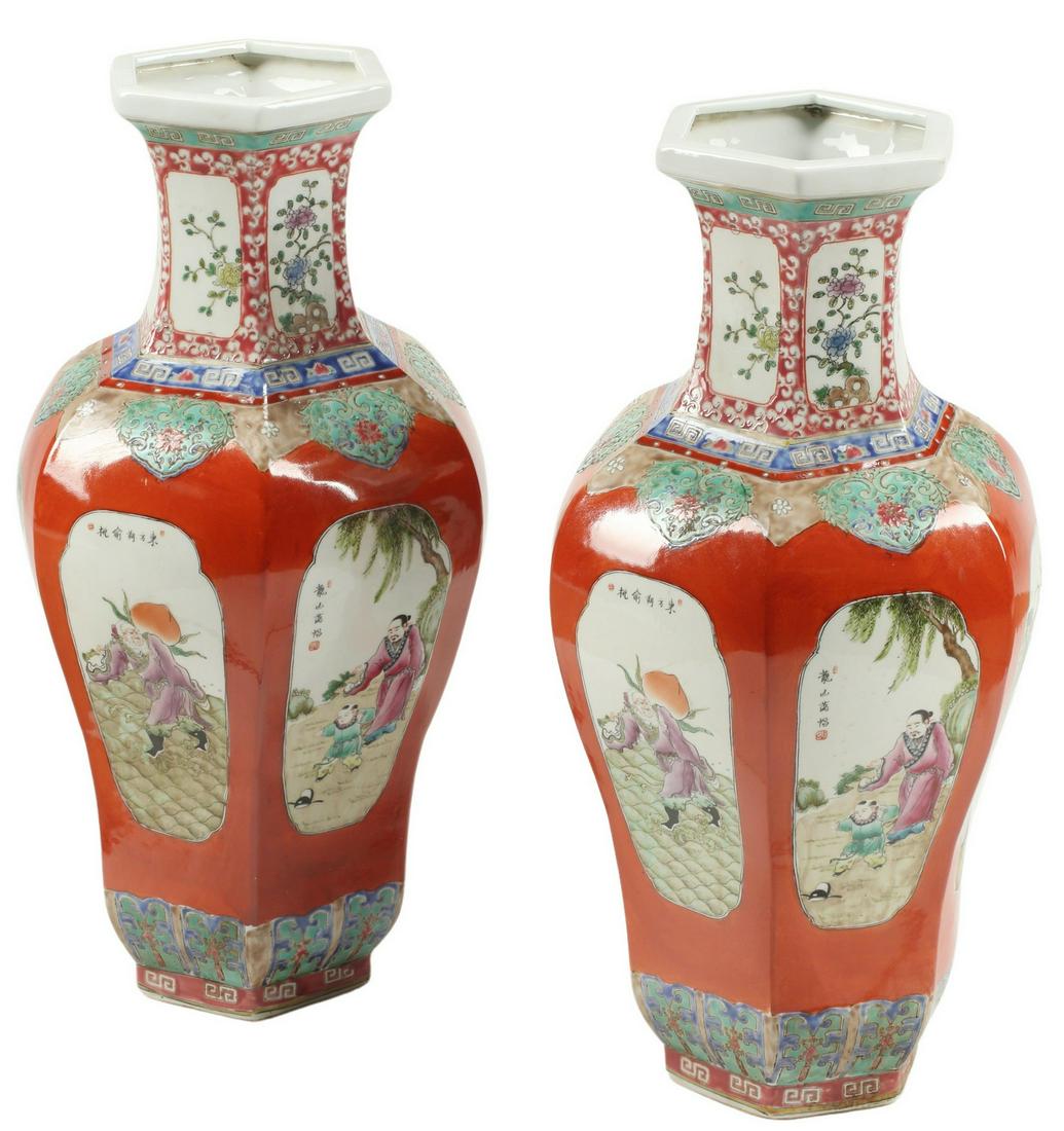 (2) CHINESE FAMILLE ROSE PORCELAIN HEXAGONAL VASES (1 of 4)