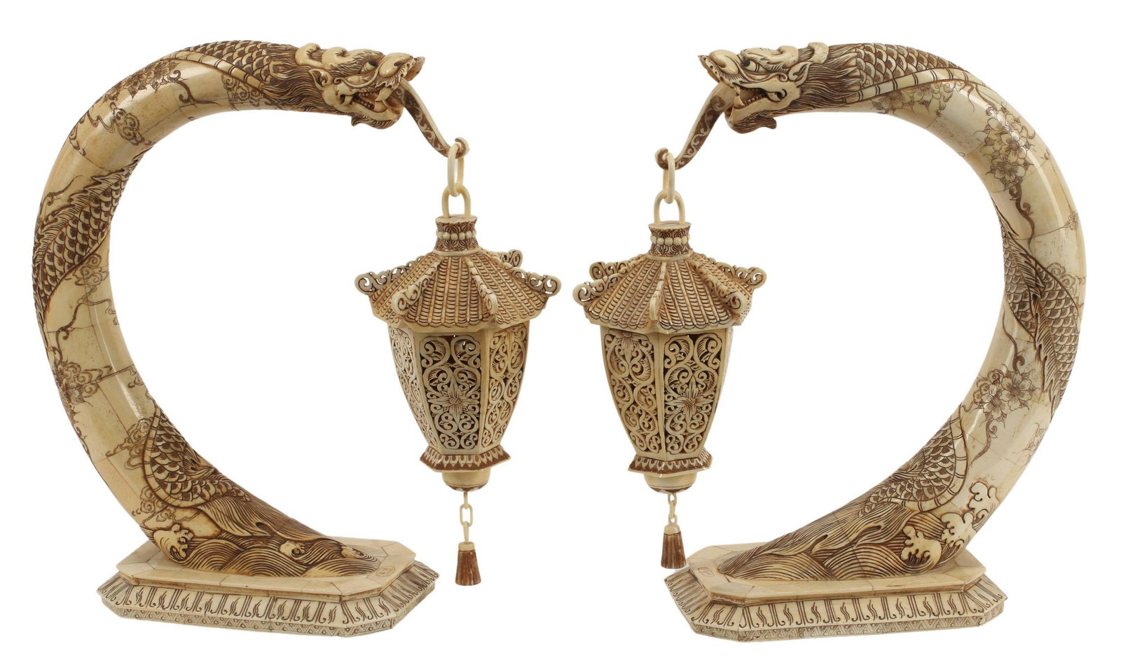 (2) CHINESE CARVED & TILED BONE TABLE DECORATIONS: (pair) Chinese carved and tiled bone table decorations, each with hanging faux lantern, approx 14"h, 5.5"w, 8"d; 8lbs total Start Price: $300.00