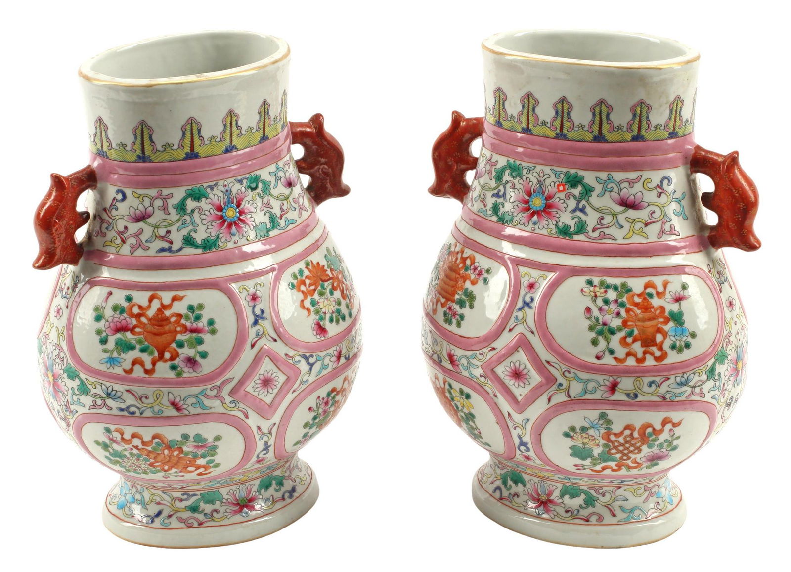 (2) CHINESE FAMILLE ROSE PORCELAIN HANDLED VASES (1 of 4)