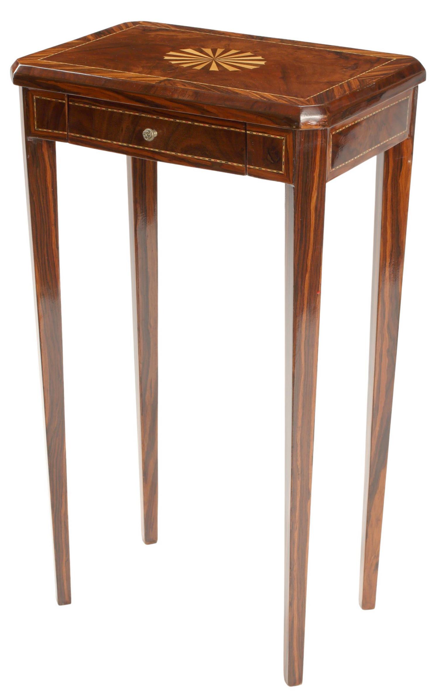 PARQUETRY & STRING INLAID SIDE TABLE: Parquetry and string inlay side table, fitted with single drawer, rising on tapered legs, approx 30"h, 17.5"w, 12"d Start Price: $200.00
