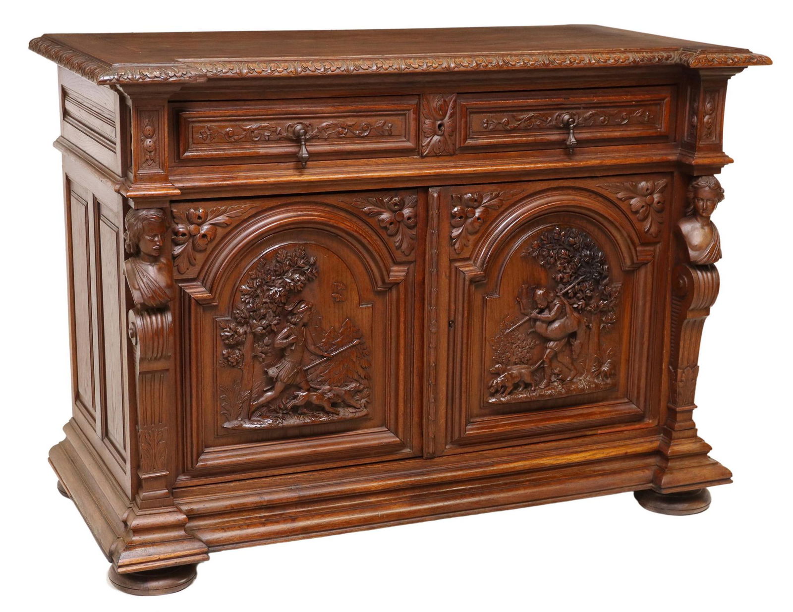 FRENCH CARVED OAK HUNT SIDEBOARD, 19TH C. (1 of 7)