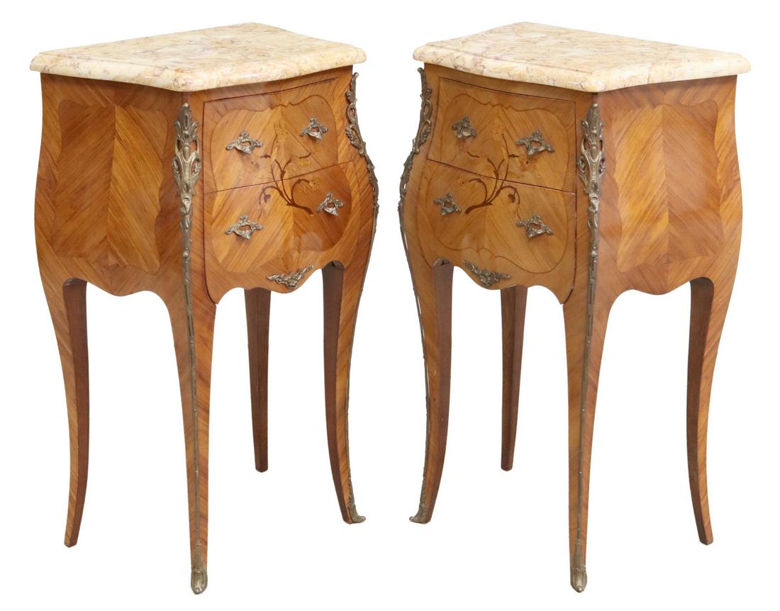 (2) LOUIS XV STYLE MARBLE-TOP INLAID NIGHTSTANDS: (pair) French Louis XV style inlaid nightstands, late 19th c., having shaped marble top, over conforming case fitted with two drawers, inlaid floral marquetry, rising on cabriole legs, ending on sabot