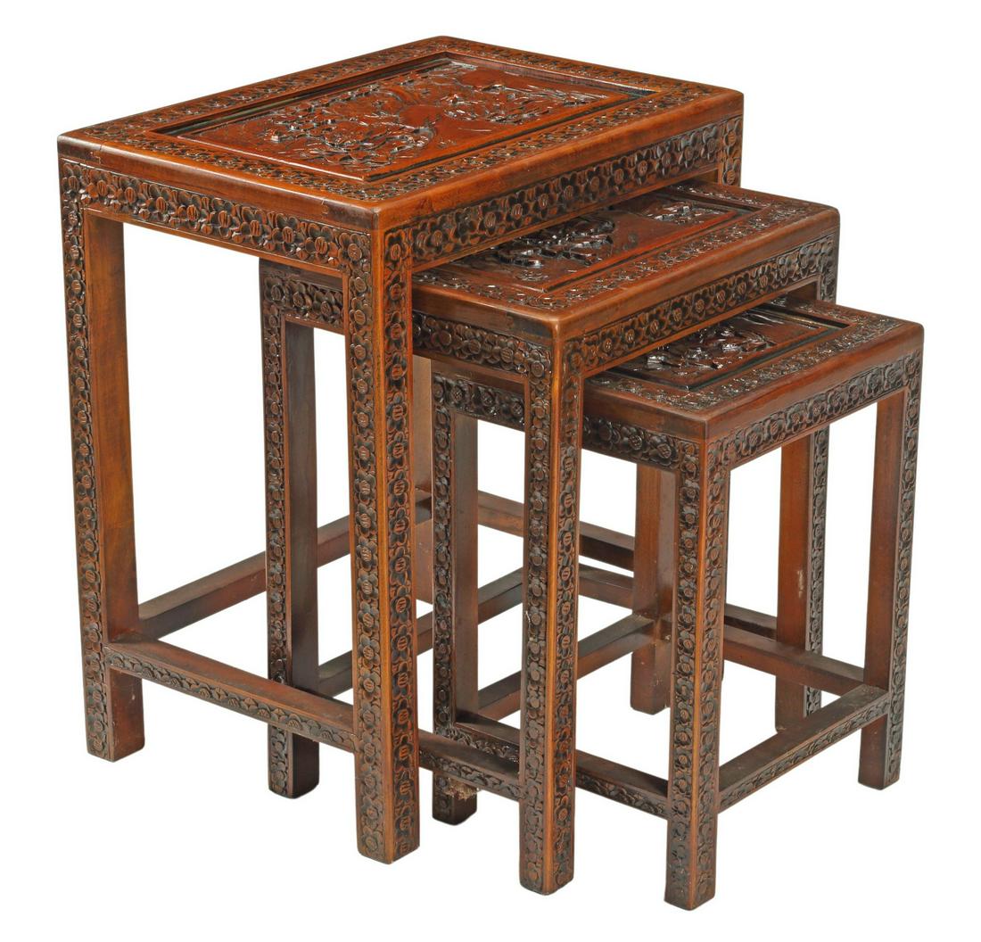 (3) CHINESE CARVED WOOD NESTING TABLES (1 of 4)