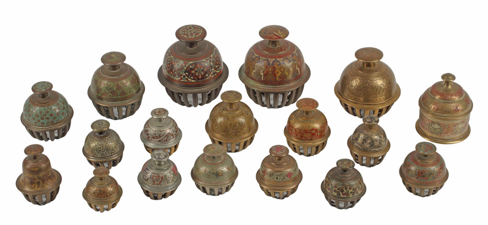 (18) COLLECTION OF ENAMELED BRONZE BELLS, INDIA (1 of 4)