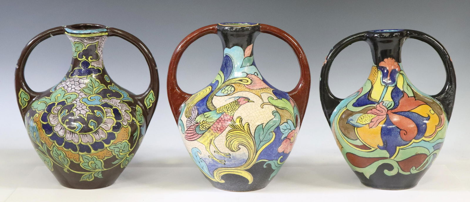 (3) GOUDA STYLE POLYCHROME POTTERY VASES (1 of 6)