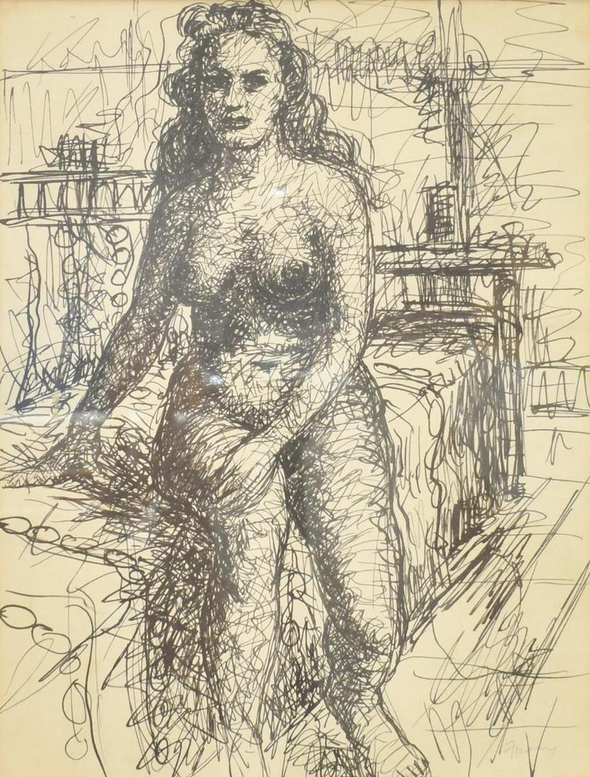 MICHAEL FRARY (TEXAS, 1918-2005) FEMALE NUDE STUDY: Framed ink drawing on paper, Female Nude Study, pencil signed lower right Frary (Michael Frary, Texas, California, 1918-2005), sight: approx 14"h, 10.75"w, overall: 22.5"h, 18.5"w, 4.25lbs **Note: Uni