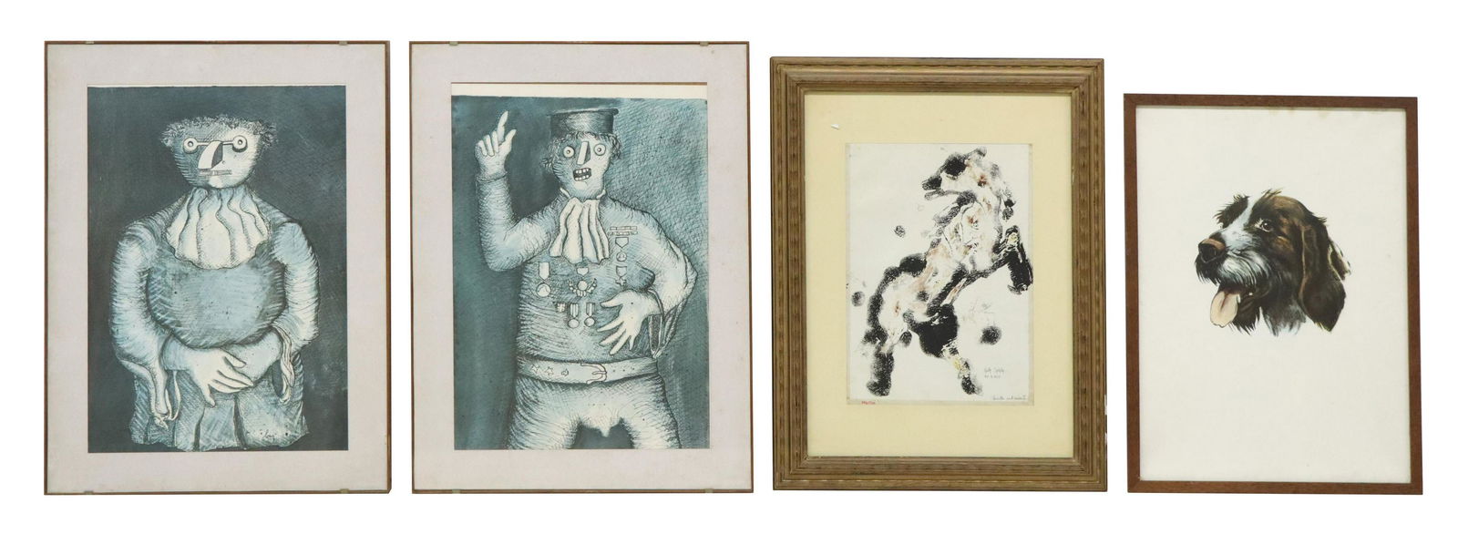 (4) PRINTS ON PAPER: PAOLA BALATA, ENRICO BAJ: (lot of 4) Framed prints on paper, including: (1) monotype, Cavallo, signed lower right Paola Balata, dated 26-9-1967, (1) offset print, Spaniel Head, unsigned, (2) offset prints, unsigned, after Enri