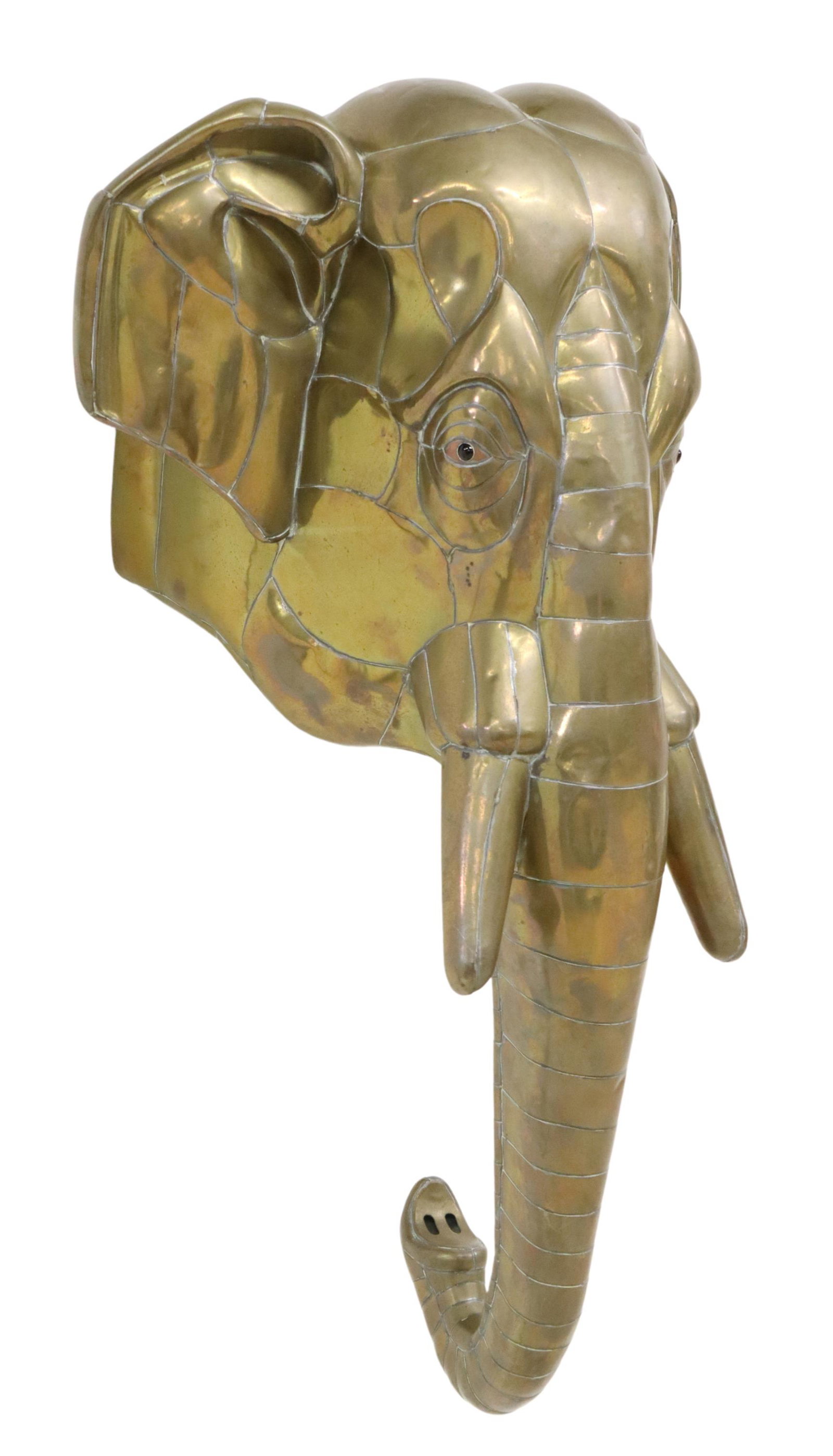 SIGNED SERGIO BUSTAMANTE METAL ELEPHANT HEAD, 32"L
