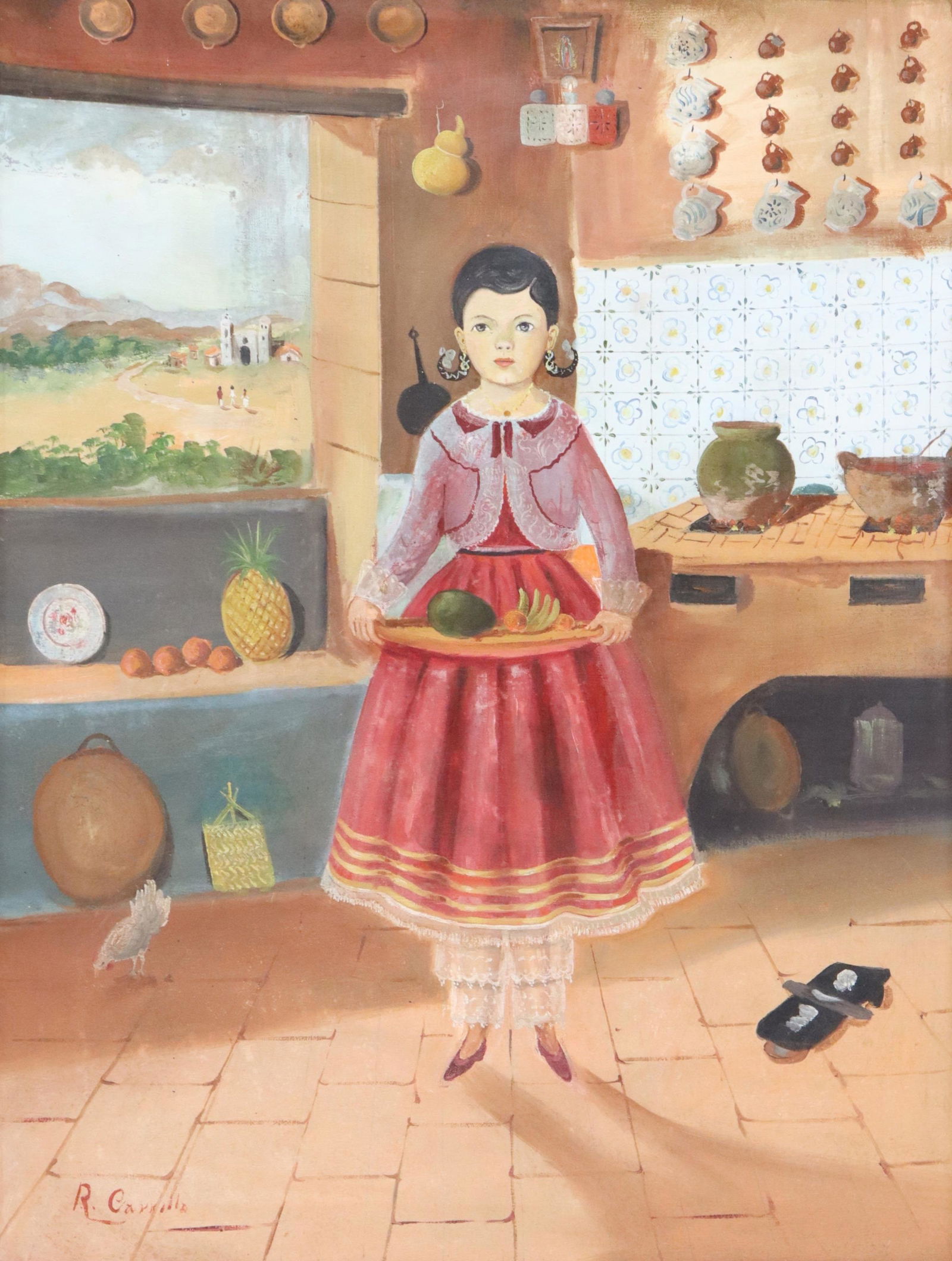 R. CARRILLO CIRCLE OF AGAPITO LABIOS OIL ON CANVAS: Framed oil painting on canvas, Girl in a Poblano Kitchen, signed lower left R. Carrillo, circle of Agapito Labios (Mexican, 1898-1996) and Horacio Renteria (Mexican, 1912-1972), sight: approx 22 5/8"h