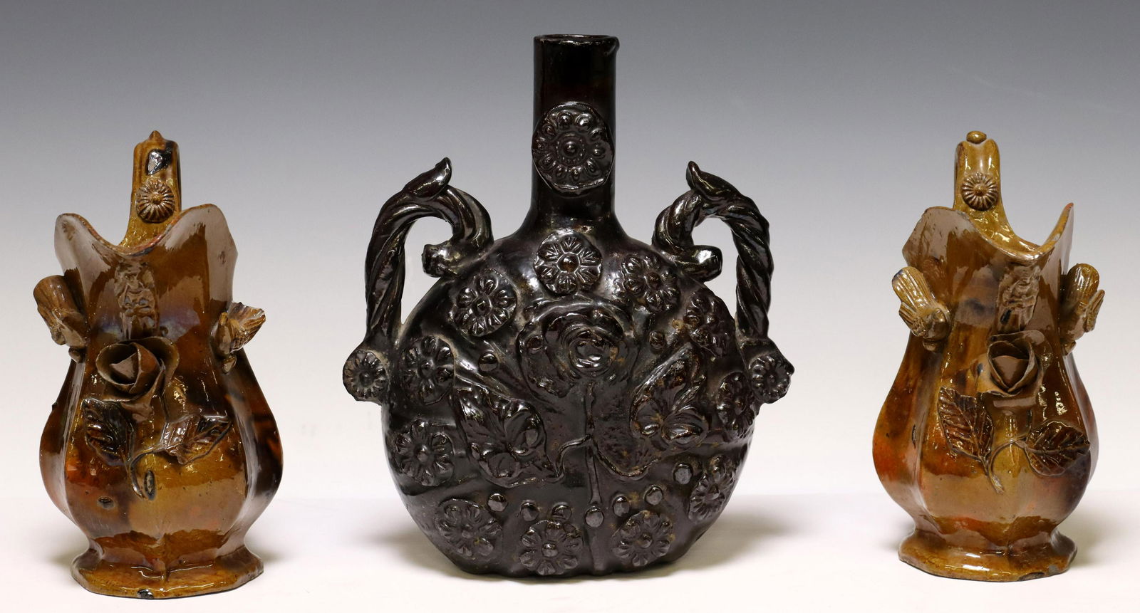 (3) MEXICO GLAZED POTTERY PITCHERS & FLASK (1 of 3)