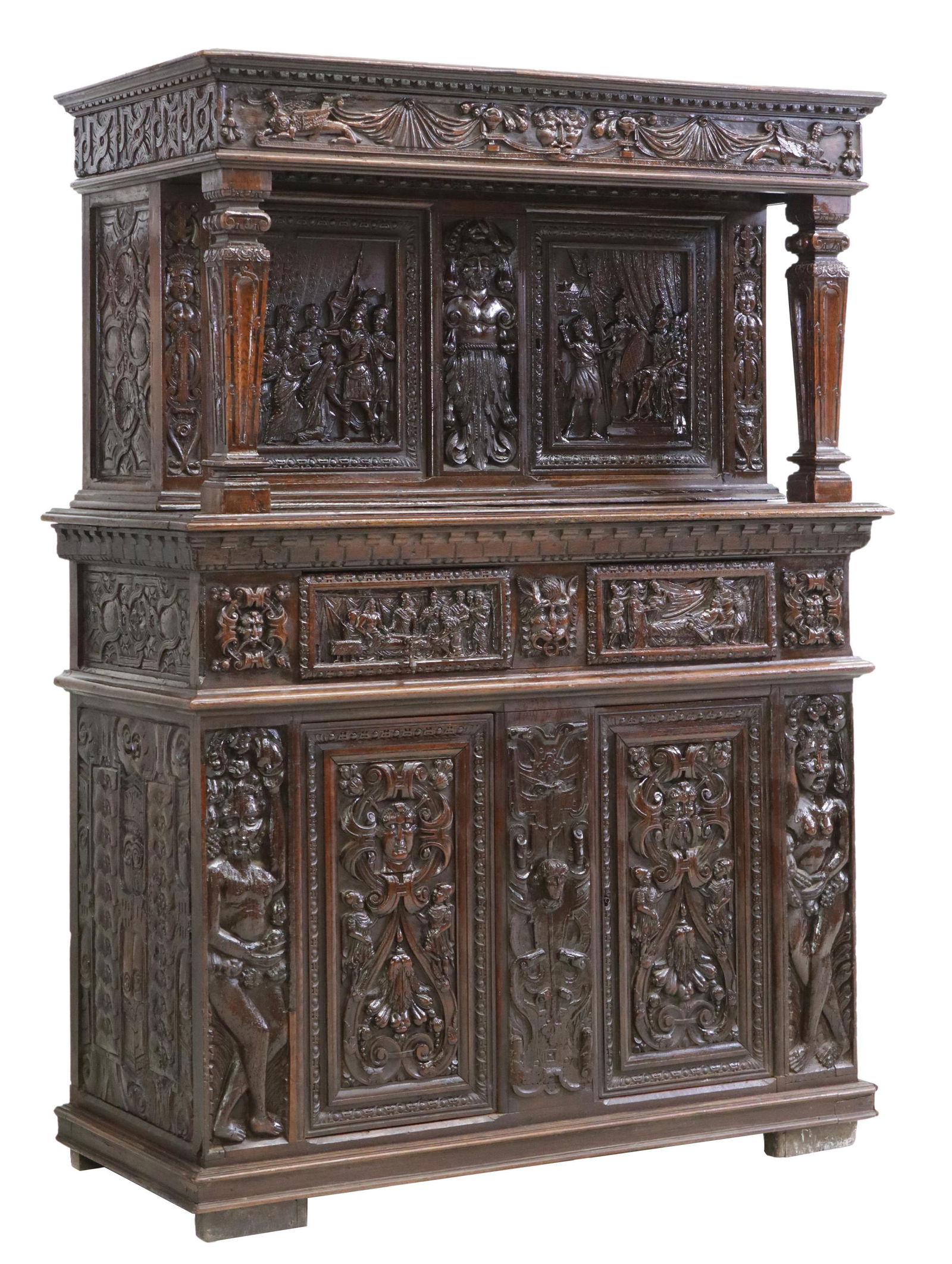 CONTINENTAL HEAVILY CARVED OAK FIGURAL SIDEBOARD (1 of 8)
