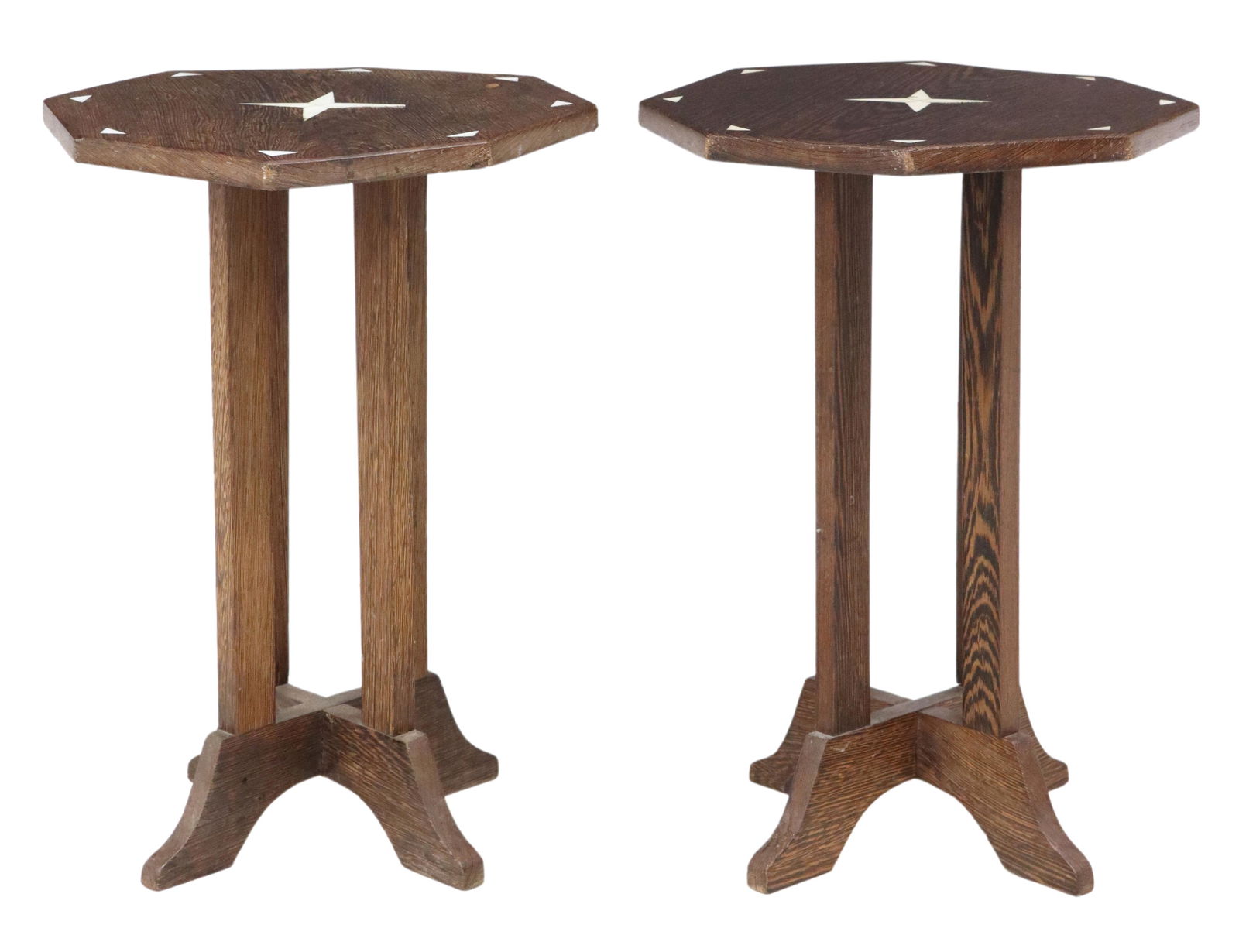 (2) BONE-INLAID OCTAGONAL SIDE TABLES: (pair) Bone-inlaid side tables, 20th c., having octagonal top, with central inlaid bone star, rising on block legs, ending in crossed bridge feet, approx 20"h, 13.5"diam Start Price: $250.00