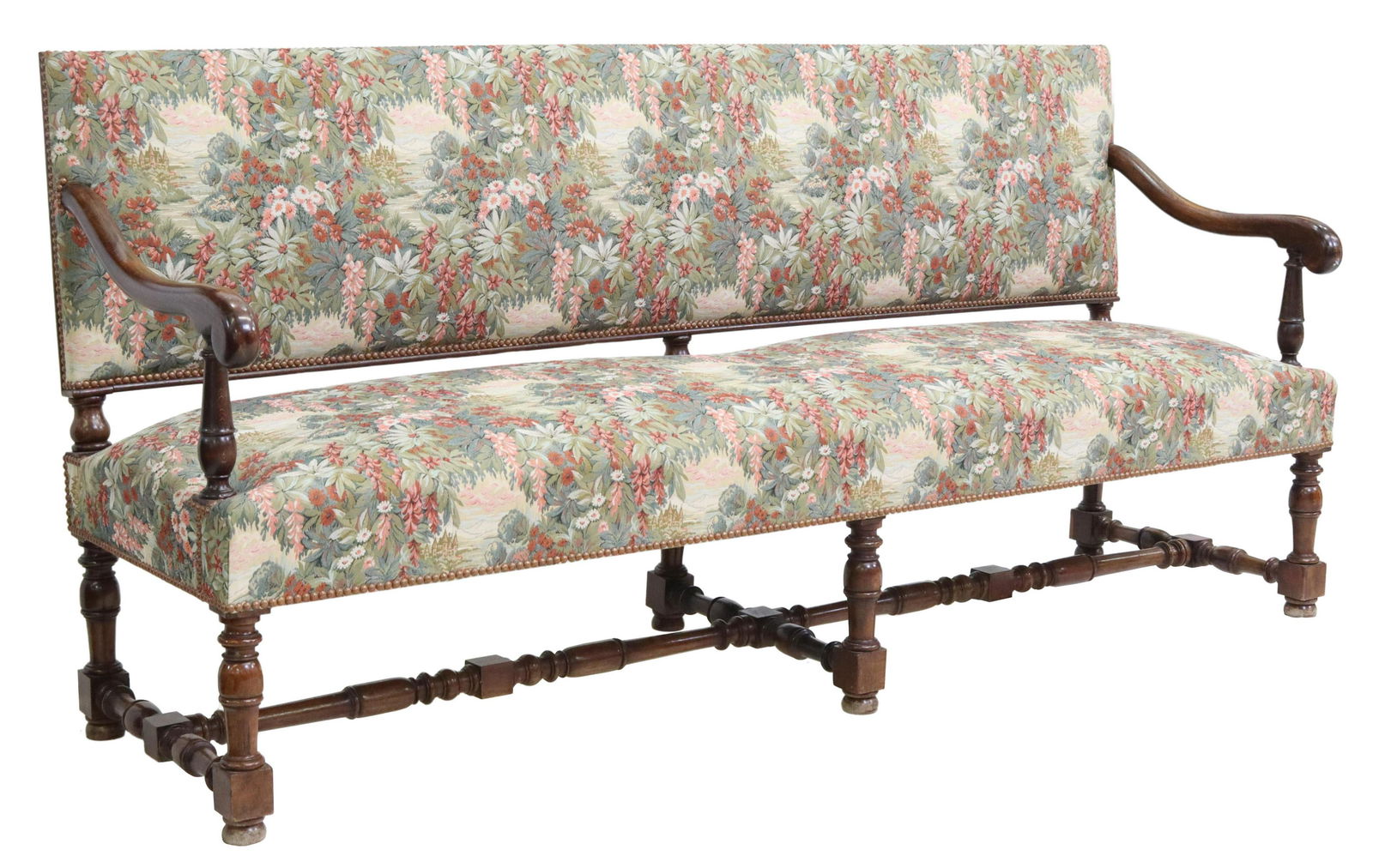 FRENCH LOUIS XIII STYLE UPHOLSTERED WALNUT SETTEE (1 of 4)