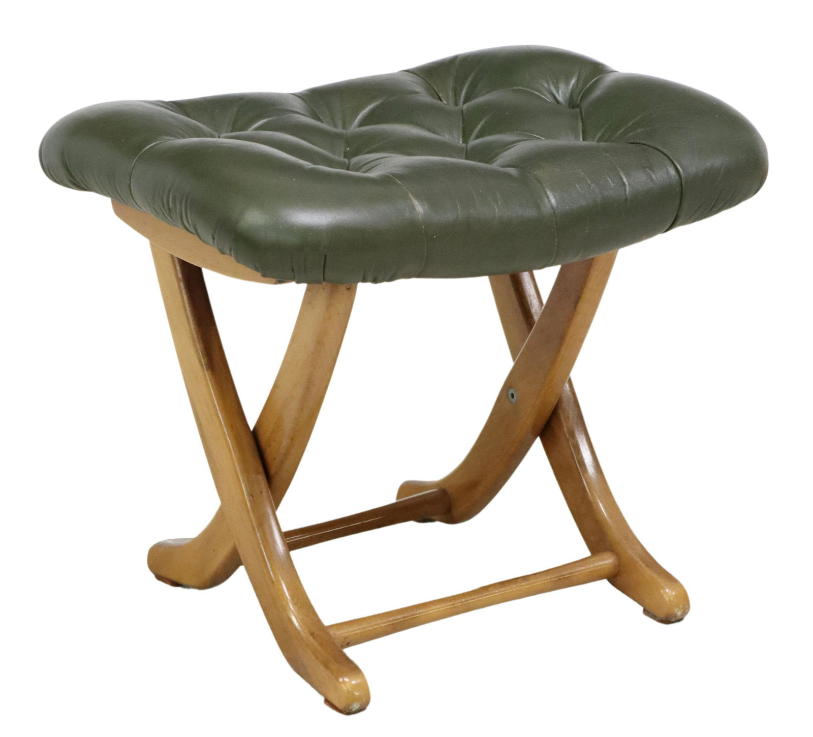 FRENCH GREEN LEATHER ADJUSTABLE WALNUT FOOTSTOOL (1 of 5)