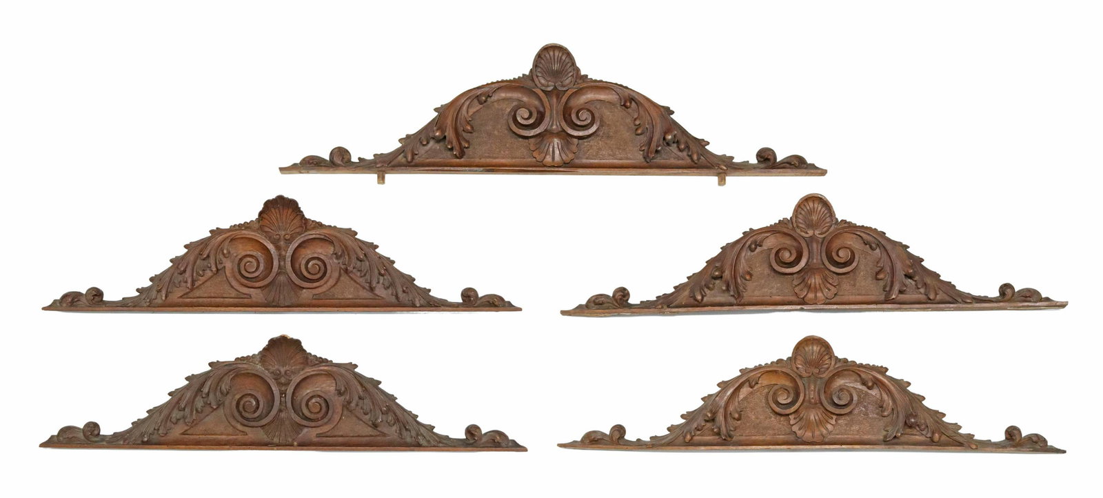 (5) ITALIAN CARVED FOLIATE SCROLL & SHELL CRESTS: (lot of 5) Italian carved wood architectural crests, late 19th c., each with shell finial, over shaped body with scrolled foliate accent, slight variation in design and size, (one) with evidence of re