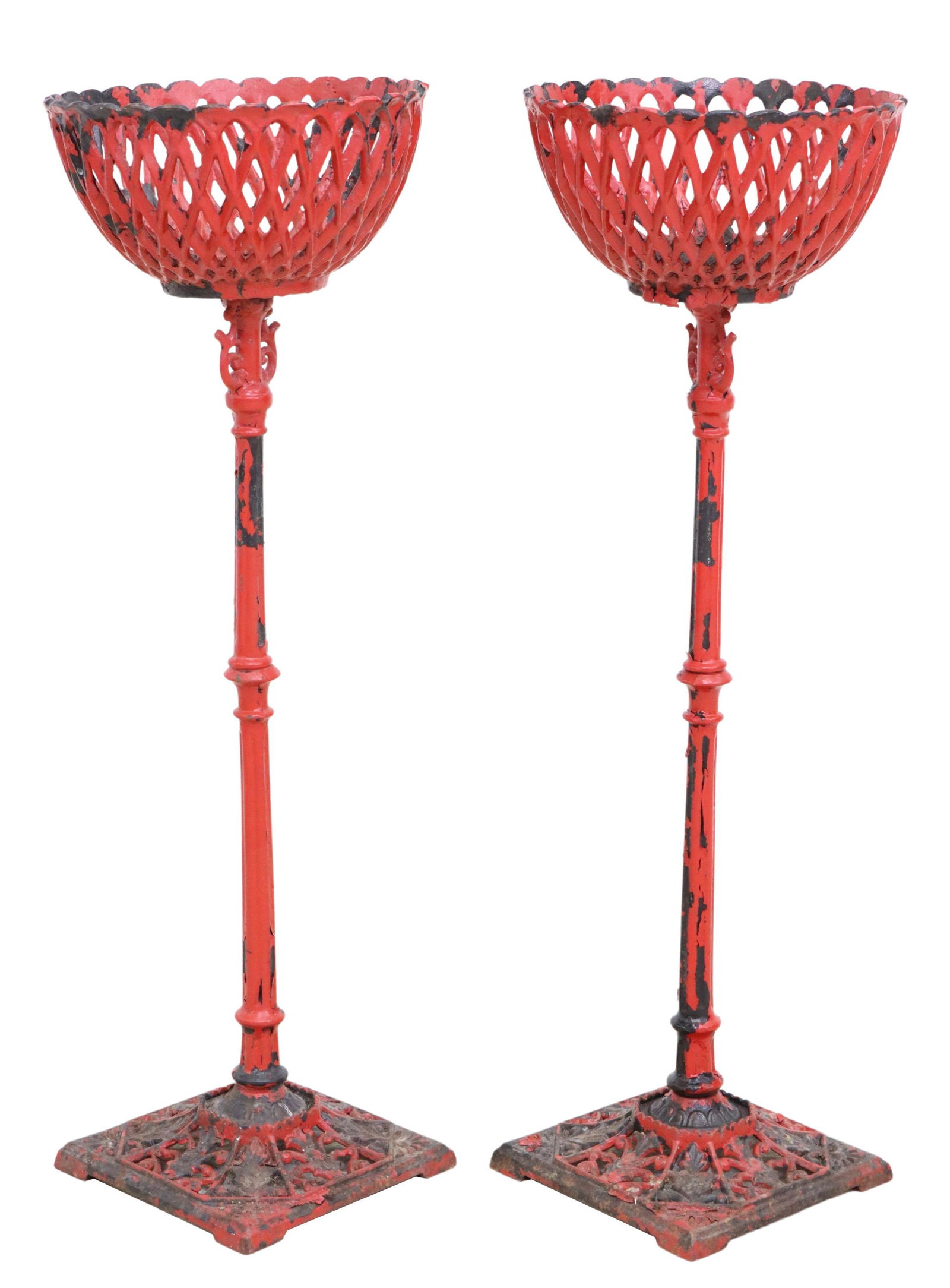 (2) RED-PAINTED CAST IRON GARDEN PLANTER STANDS (1 of 4)