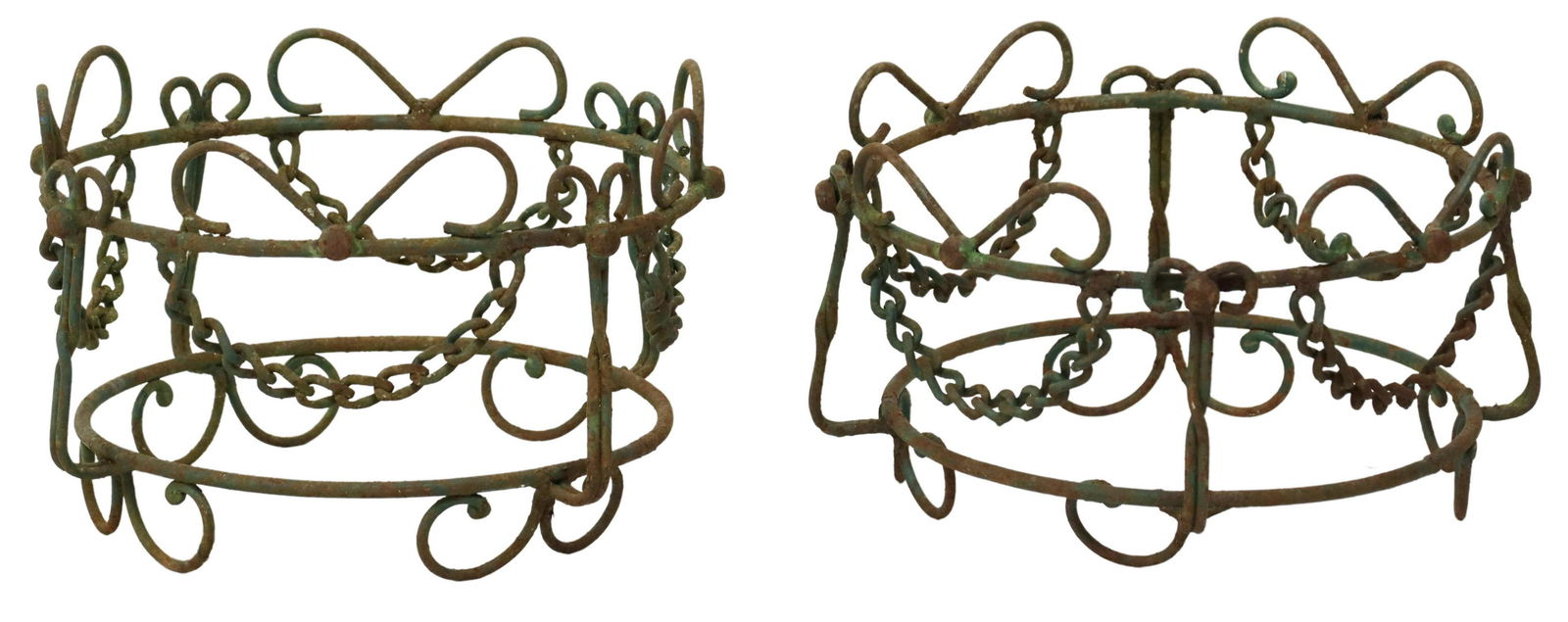 (2) VERDIGRIS PATINATED IRON PLANTER STANDS (1 of 2)