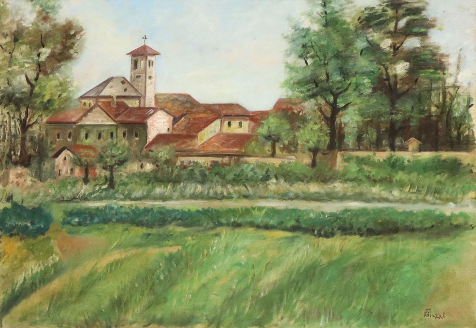 T. GIAZZI (20TH C.) PAINTING LANDSCAPE WITH ABBEY (1 of 4)
