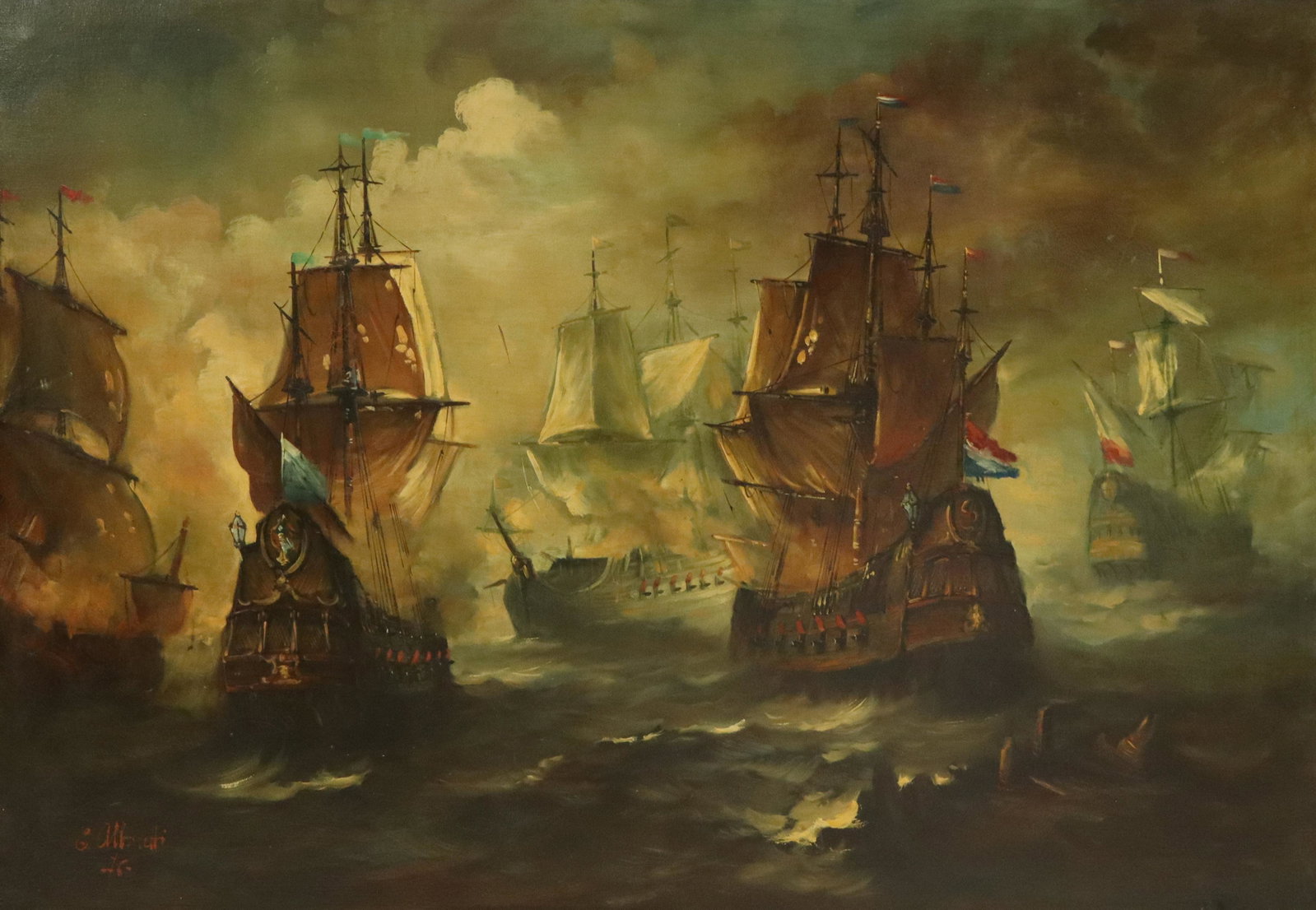 E. ALBONETTI (20TH C.) PAINTING MAN-OF-WAR SHIPS: Framed oil on canvas painting, Man-of-war on the Waves, signed lower left E. Albonetti (?), dated [19]76, signed again verso, sight: approx 27"h, 38.75"w, overall: 34.5"h, 46"w, 11.5lbs Start Price: $