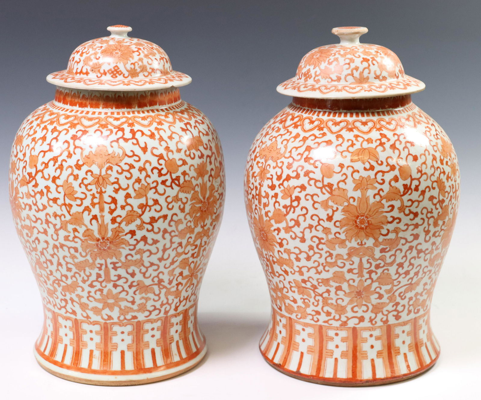 2) CHINESE IRON RED PORCELAIN TEMPLE JARS & COVERS (1 of 5)