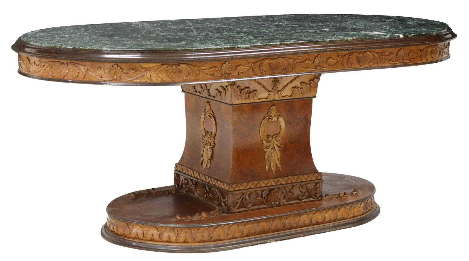 ITALIAN EMPIRE STYLE MARBLE-TOP DINING TABLE: Italian Empire style dining table, 20th c., having oval marble top, with molded wood edge, rising on large pedestal base, some surface wear to wood edge, approx 31.75"h, 77"w, 39"d Start Price: $300.0