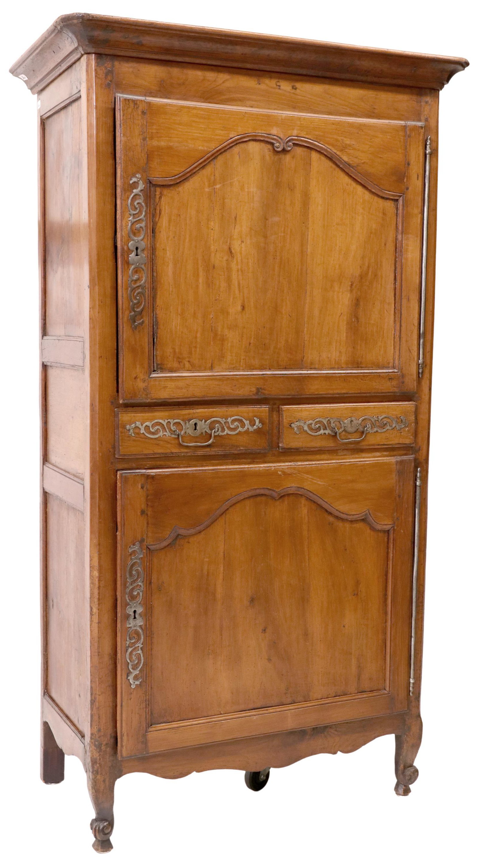 FRENCH PROVINCIAL FRUITWOOD HOMME DEBOUT CABINET: French Provincial homme debout cabinet, 18th/ 19th c., molded cornice, two cabinet doors, divided by two central drawers, on cabriole legs, approx 80.5"h, 43.5"w, 24"d Start Price: $150.00