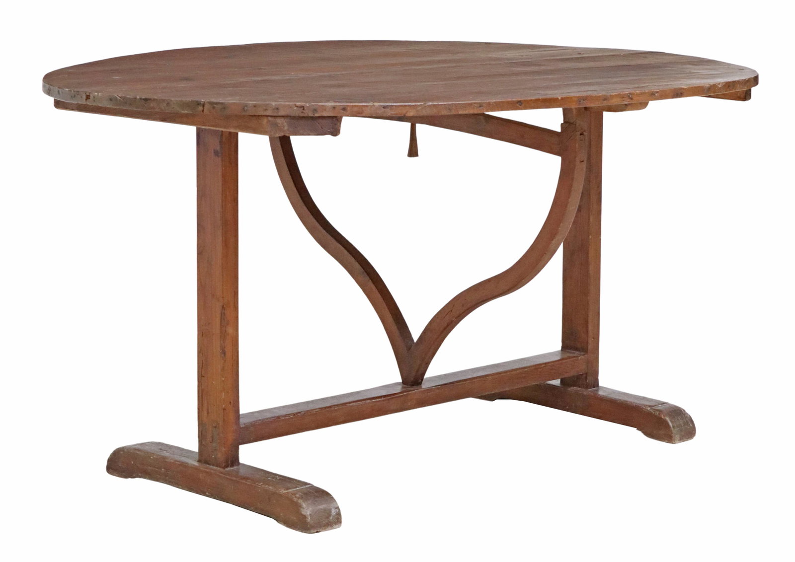 FRENCH PROVINCIAL PINE TILT-TOP WINE TASTING TABLE: French Provincial pine tilt-top wine tasting table, 19th/ 20th c., oval tabletop, rising on trestle base, with swing harp-form support, approx 28"h, 55.5"w, 41"d, top up: approx 48"h Start Price: $350