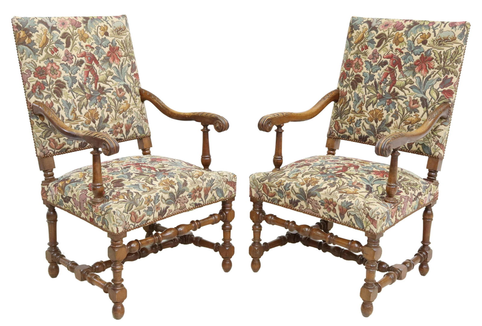 (2) FRENCH LOUIS XIII STYLE UPHOLSTERED FAUTEUILS (1 of 3)