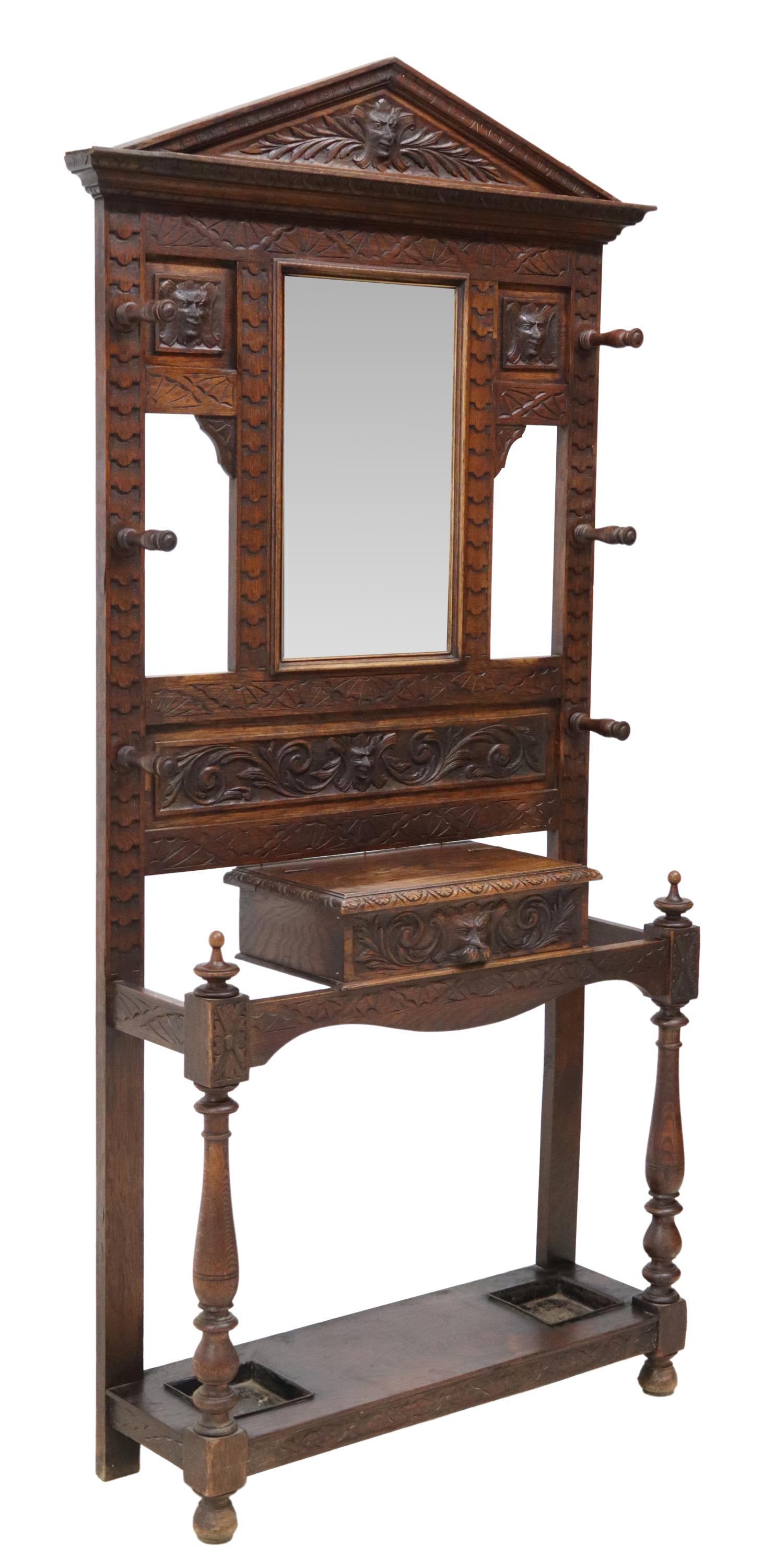 WELL-CARVED ENGLISH OAK GREEN MAN HALL TREE (1 of 5)