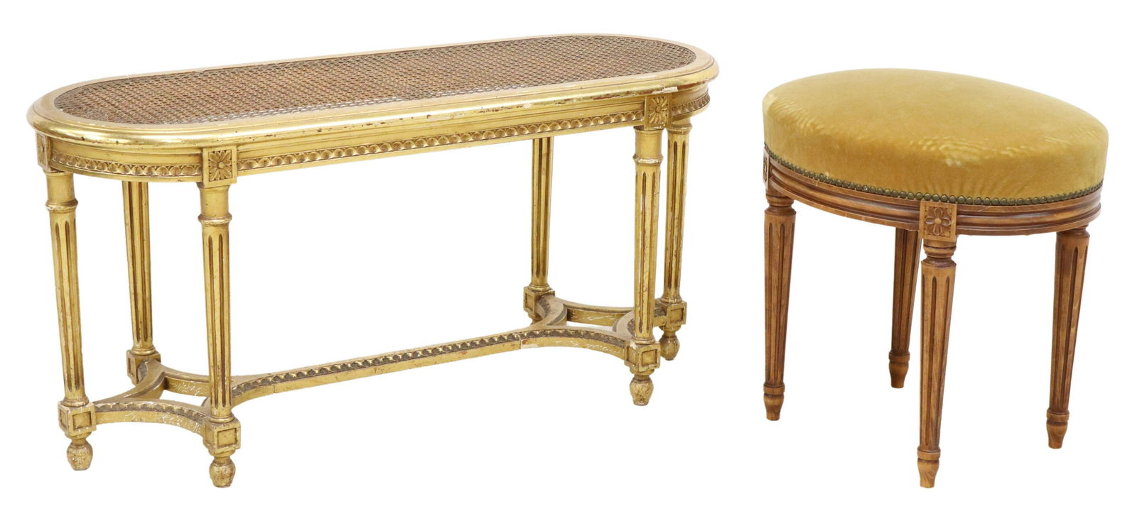 (2) FRENCH LOUIS XVI STYLE OTTOMAN & CANED BENCH (1 of 4)