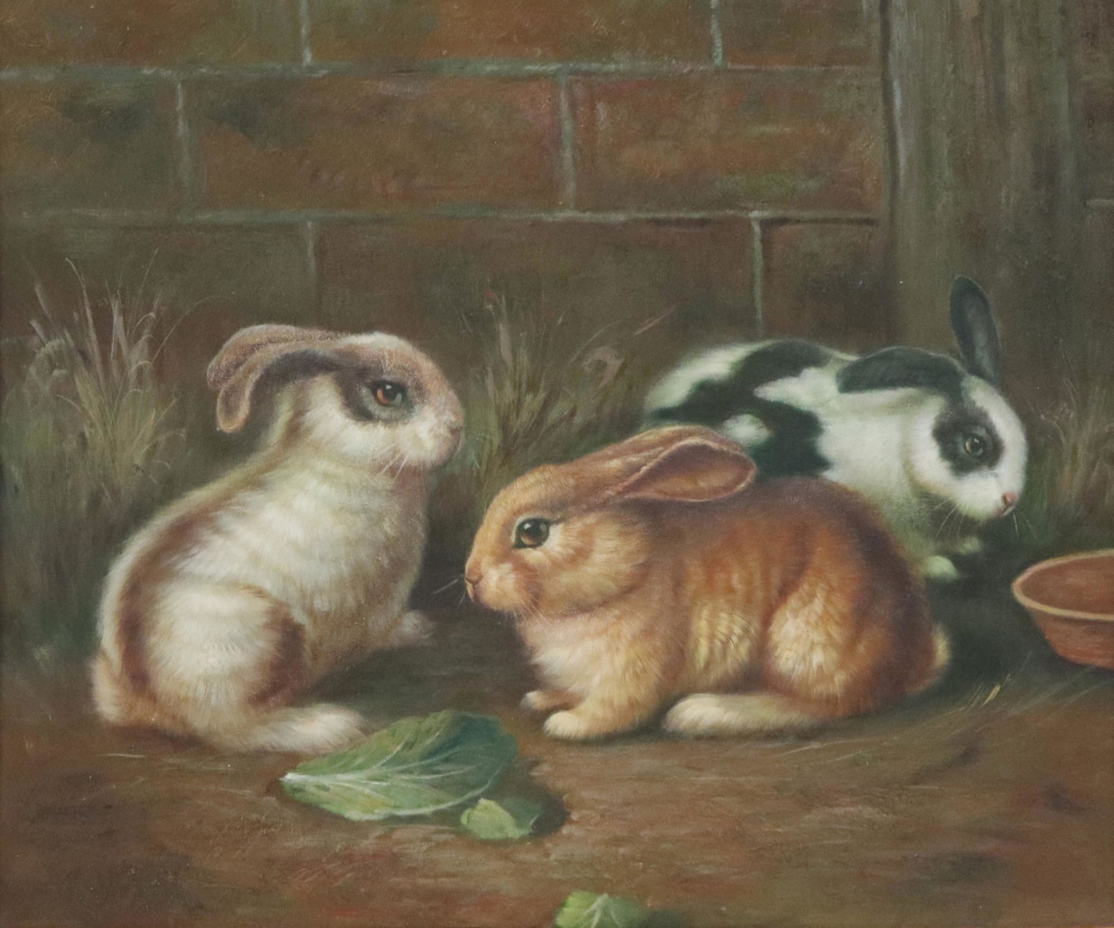 DECORATIVE FRAMED OIL PAINTING RABBITS, 20" X 24" (1 of 3)
