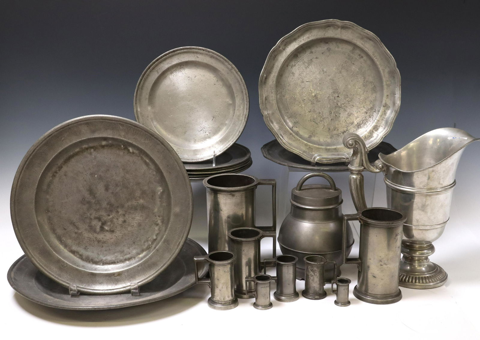 20) ANTIQUE PEWTER MEASURES, PITCHER, JAR & PLATES (1 of 11)