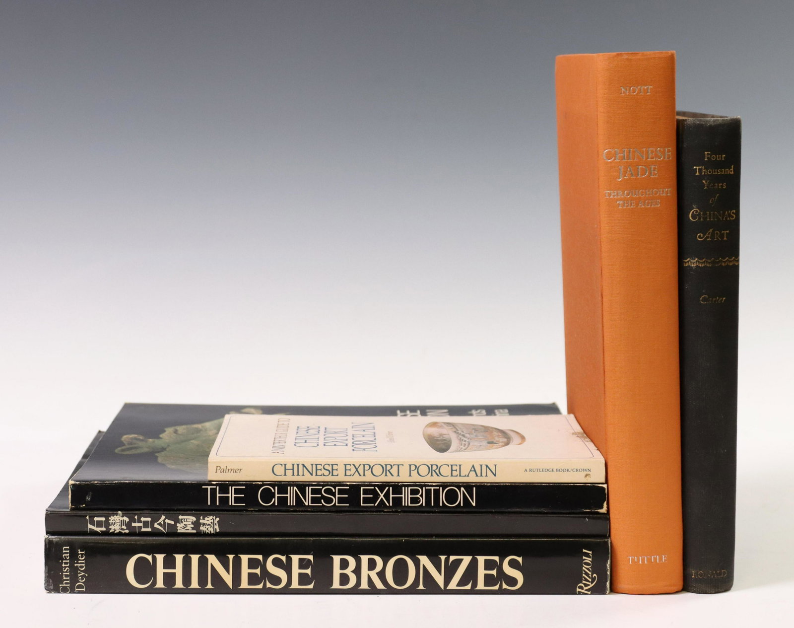 (6) BOOKS: CHINESE ART, BRONZES, JADE, PORCELAINS: (lot of 6) Books on topics relating to Chinese art, including: (1) "Four Thousand Years of China's Art," Dagny Carter, The Ronald Press Company, 1948, (1) "Chinese Bronzes," Christian Deydier, Rizzoli