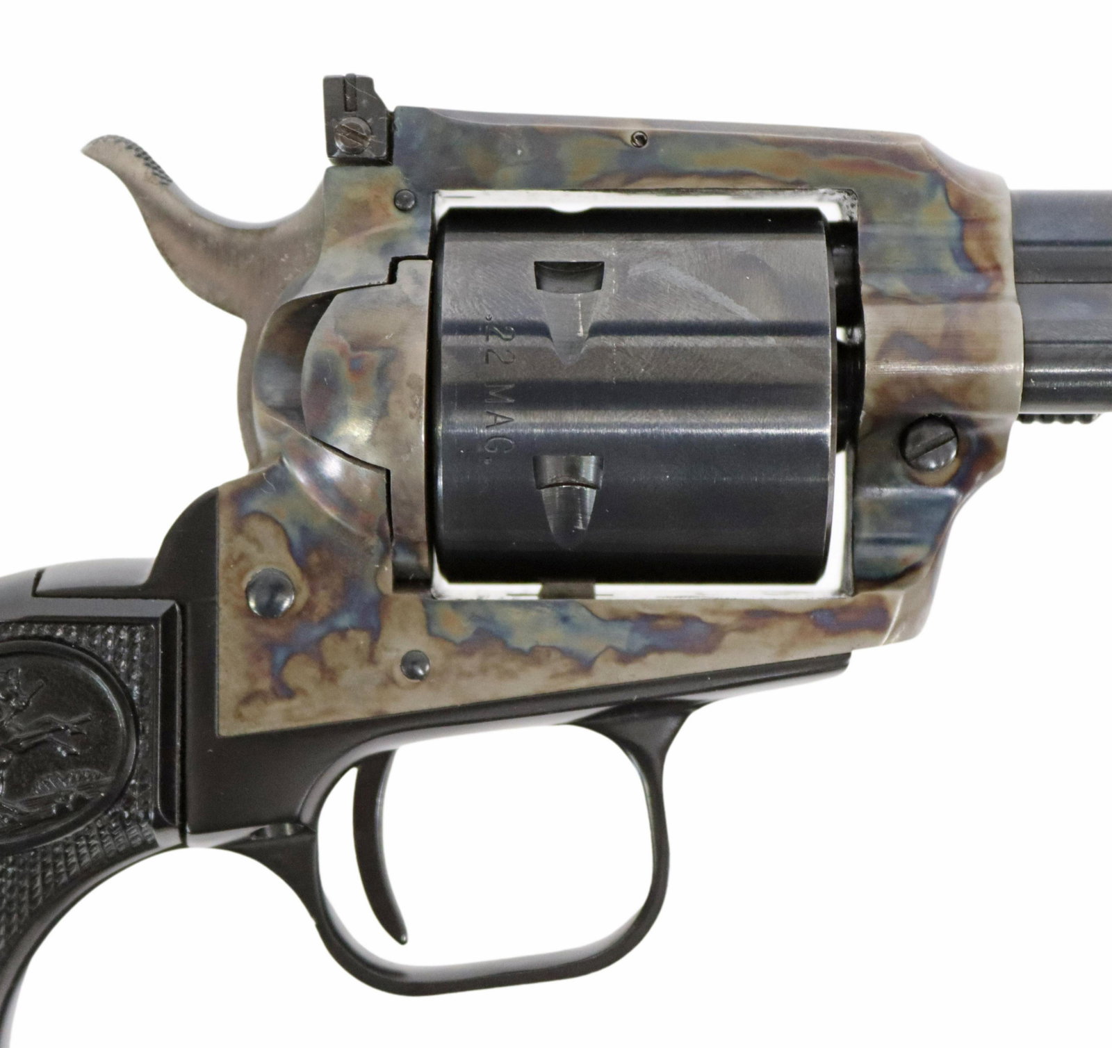 COLT 2ND GEN NEW FRONTIER .22MAG & LR REVOLVER: Colt New Frontier revolver, mfg. 1971, .22LR and .22 Mag cylinders, 6' barrel, blade front sight, adjustable rear sight, six round cylinder, Colt logo and eagle grips, condition is 98% with slight rub