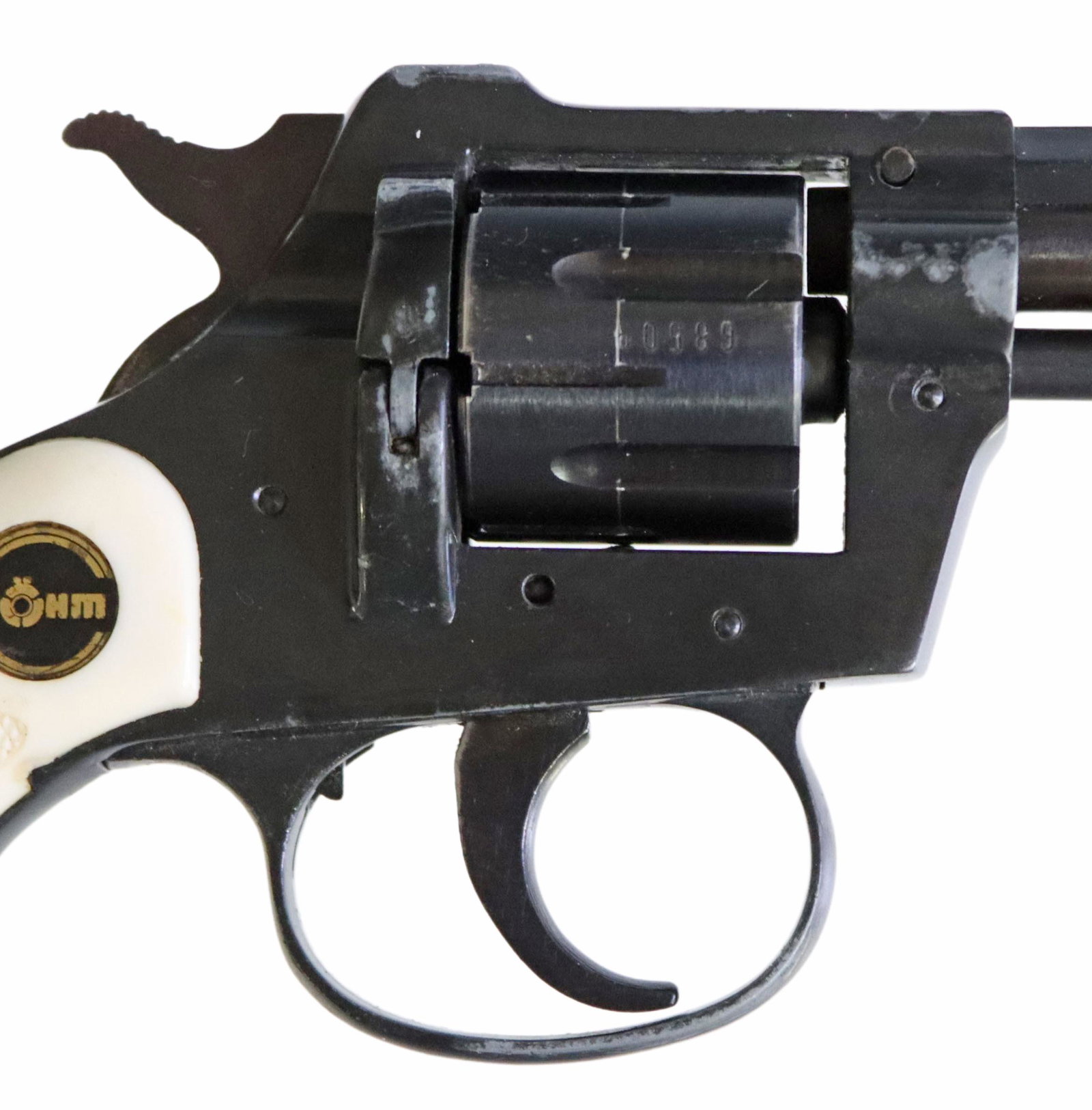 ROHM RG10s REVOLVER, .22 LR CALIBER: ROHM GMBH, Germany, Model RG10s revolver, .22Lr caliber, 6 round cylinder, double action, 3.2 barrel, checkered plastic grips, black leather holster, action good, metal 60%-70% blue, SN 68509 *REQUIRE