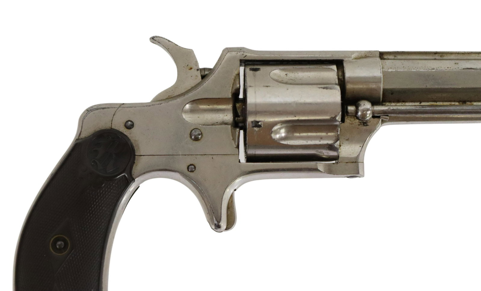 REMINGTON-SMOOT NEW MODEL NO. 3 REVOLVER, ANTIQUE: Remington-Smoot New Model No. 3 Revolver, nickel finish, .38 caliber, 3.75" octagonal barrel marked at the top with maker, address and patent date "Oct. 21. 1873", blade front sight, ejector at right,