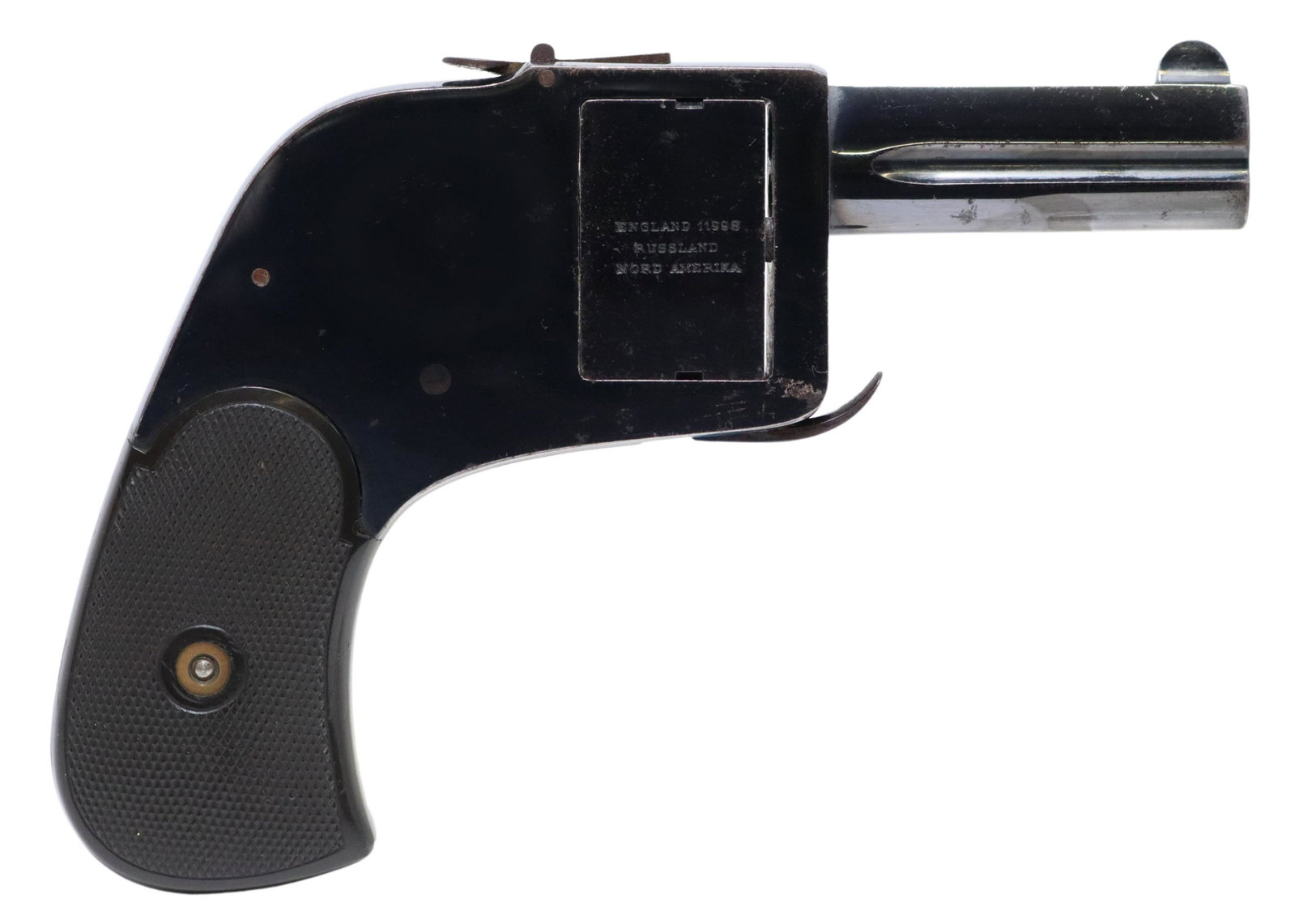 SCARCE JP SAUER BAR PISTOL 25ACP HIGH CONDITION: High Condition J.P. Sauer und Sohn, Suhl, Germany Bar Pistol, superposed 2.44" barrels, the fold down double action trigger allows the firing of two rounds each time it is pulled, pressing a lever on 