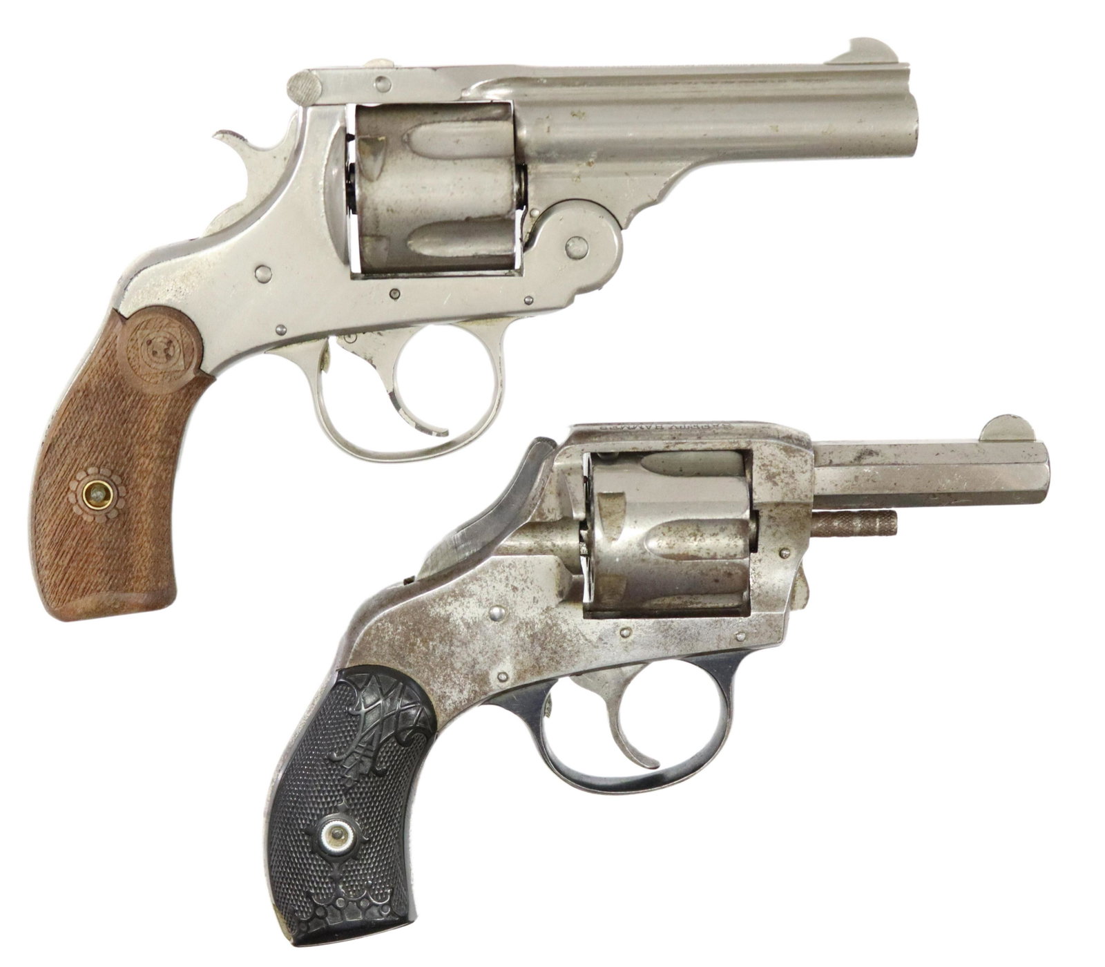 (2) HARRINGTON & RICHARDSON DA REVOLVERS: Harrington & Richardson revolvers; (1) Safety Hammer Double Action, .32S&W caliber, six round cylinder, 2.5" octagonal barrel, nickel finish mostly worn, black grips, action good, bore bright, good ri
