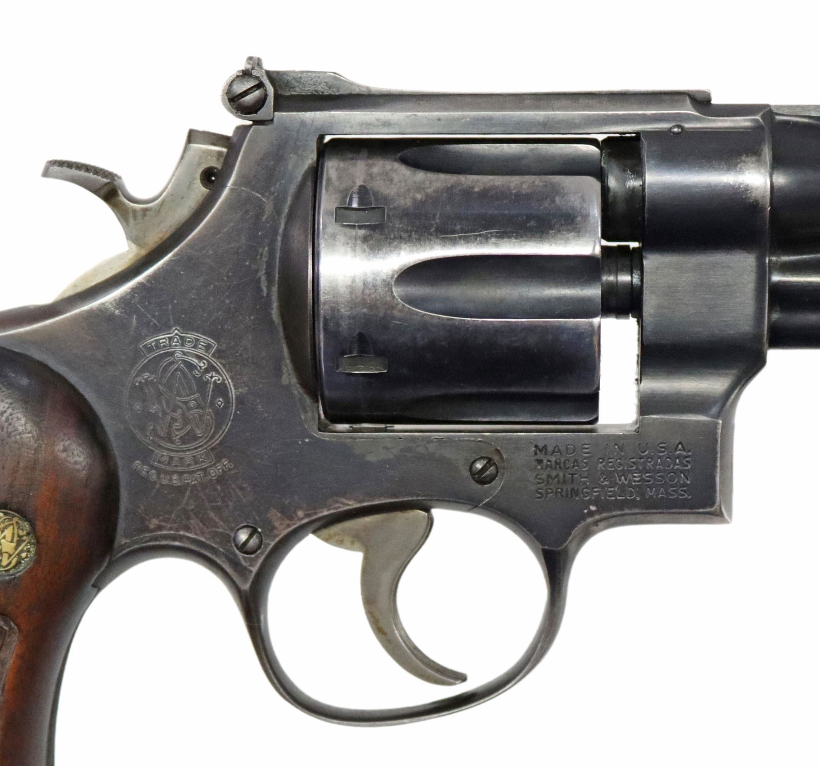 SMITH & WESSON .357 HIGHWAY PATROLMAN REVOLVER: Smith & Wesson Highway Patrolman DA revolver, Model 28-2, .357 caliber, 4" barrel, ramp blade sight, adjustable rear sight, wood logo grips, about 60% of blue remains, action good, bore good, SN N5813