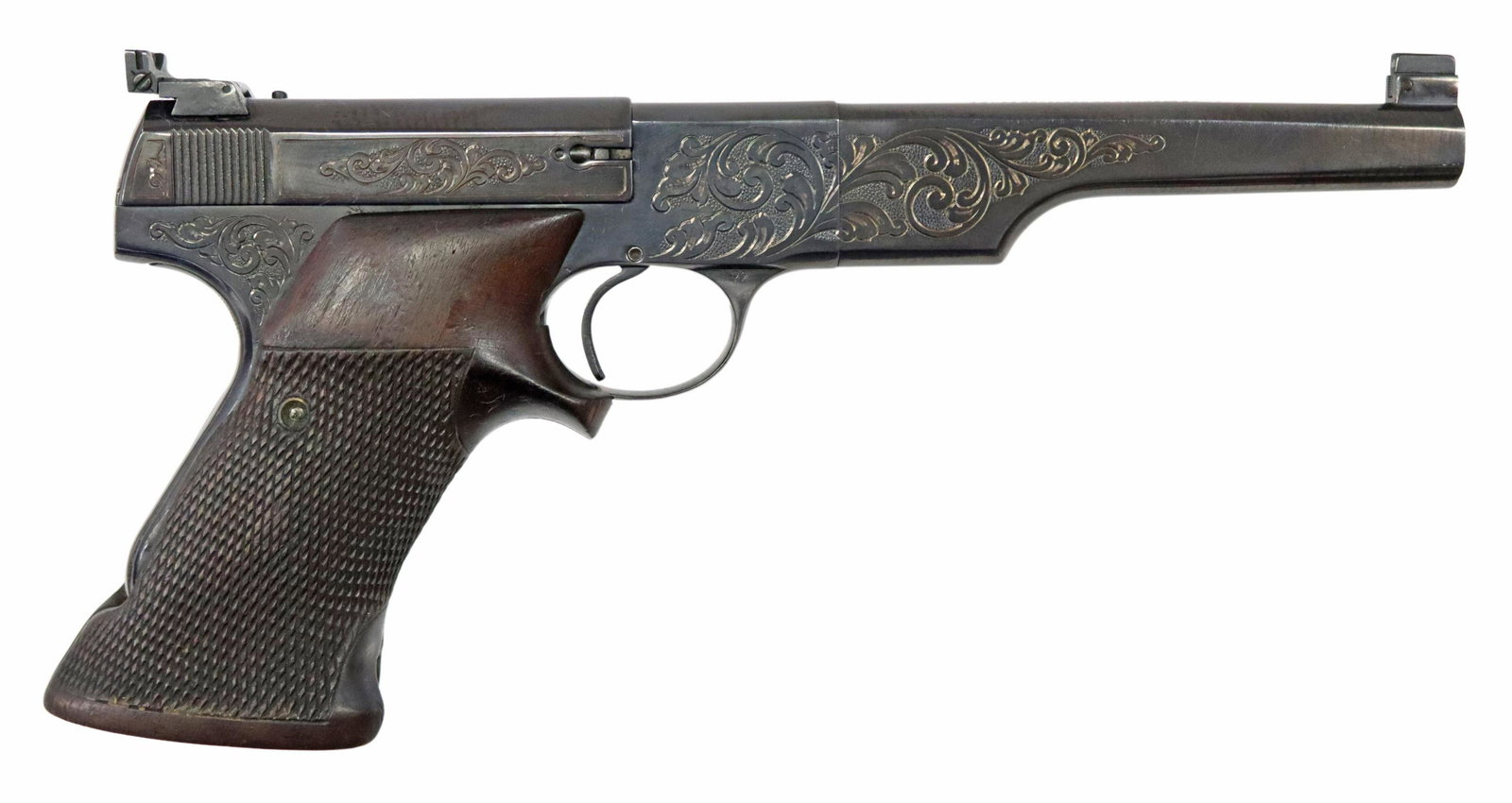 ENGRAVED COLT MATCH TARGET WOODSMAN PISTOL 1940: Colt Match Target pistol, The Woodsman, mfg. 1940, .22LR caliber, 6" barrel, blade front sight, adjustable rear sight, custom thumb rest checkered grips, scroll engraved with light gilt highlights, fi