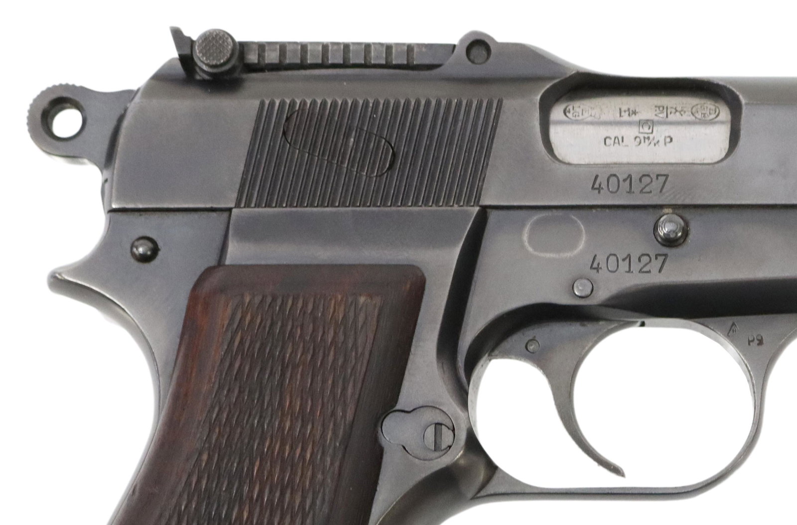 BROWNING HI POWER PISTOL, BELGIUM, PRE WAR: Browning Hi Power Belgium pistol, believed to be pre-war, 9mm caliber, marked at the left slide "Fabrique Nationale D'Armes De Guerre, Herstal Belgique, Browning's Patent Depose", the left frame and s