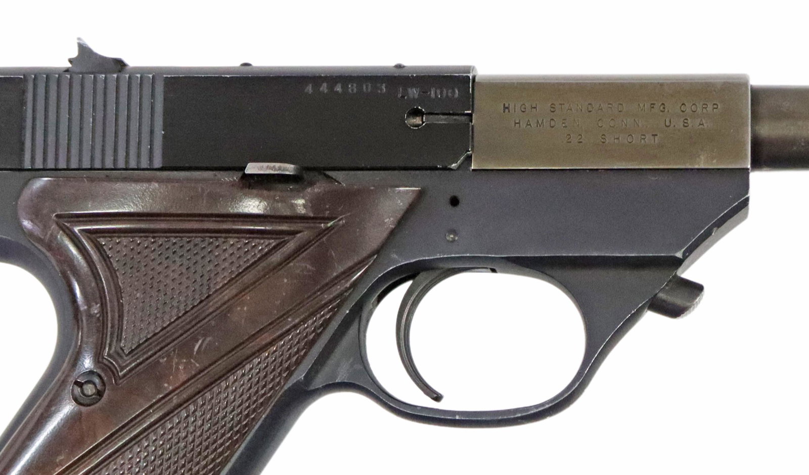 HI-STANDARD FLITE KING .22S PISTOL: Hi-Standard Flite King pistol, .22 Short caliber, 6.75" barrel, fixed front and rear sights, detachable magazine, brown checkered grips, worn finish with scratches, good action, bright bore, SN 444803