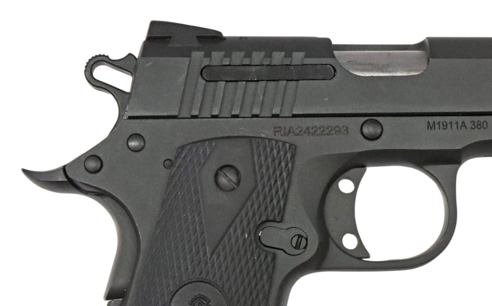 ROCK ISLAND M1911A PISTOL, .380 AUTO CALIBER: Rock Island Model 1911A pistol, .380 Auto caliber, black finish, fixed front and rear sights, 3.75" barrel, safety grip, finish 98% with light rubs to slide, rubberized logo grips, action good, bright
