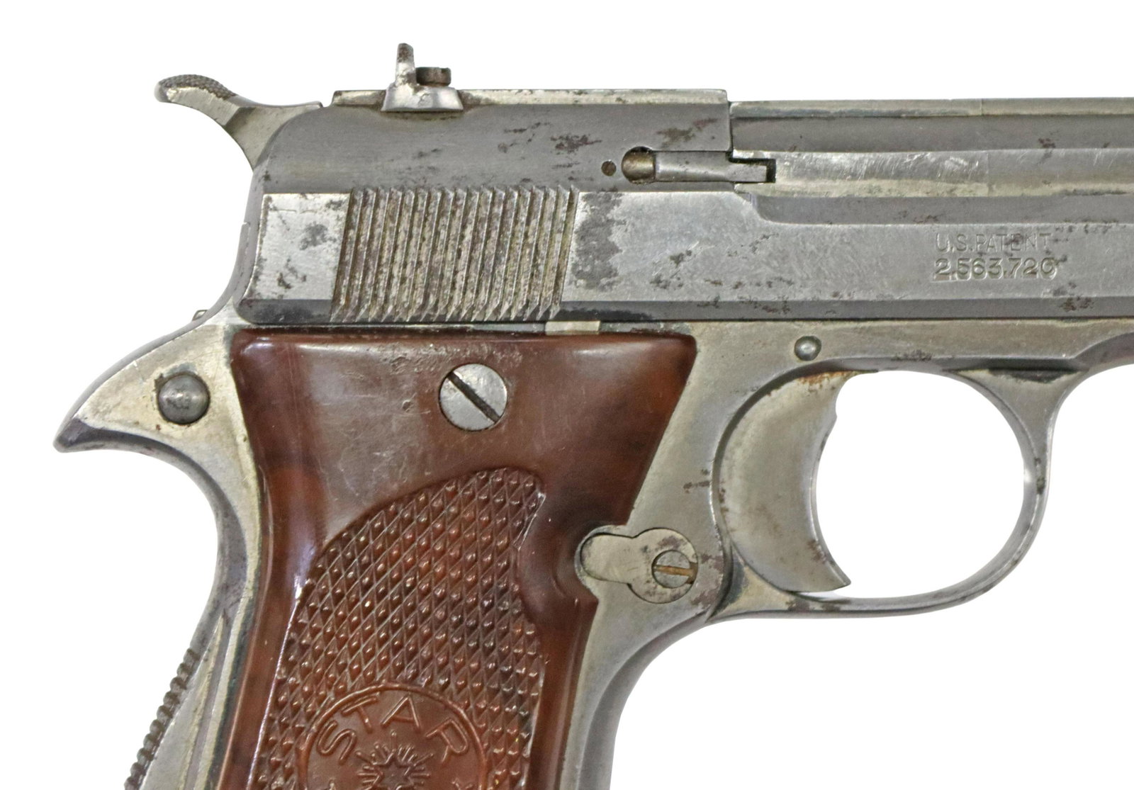 SPANISH STAR TARGET PISTOL, .22: Spanish Star pistol, Model F Target, .22 caliber, 7" barrel, blade front sight, fixed rear sight, brown plastic grips, silver tone finish with many dark spots, retracted slide will not hold, SN 536417